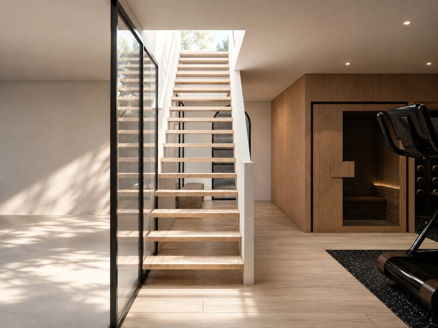 Umber basement staircase visualisation with open pale treads, a dark handrail, timber wall panelling and gym equipment.
