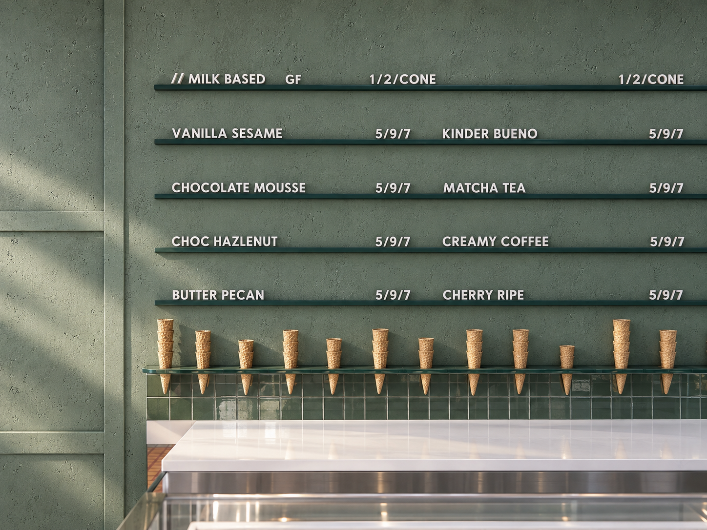 the menu wall combines simple graphic detailing with texture and colour, adding clarity while reinforcing the overall identity of the fit-out.