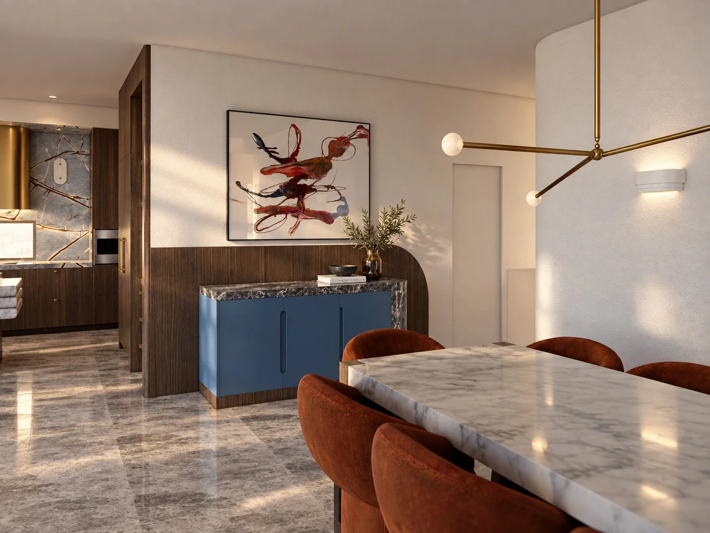Alpine House dining and living visualisation with blue cabinetry, expressive artwork and warm timber finishes.