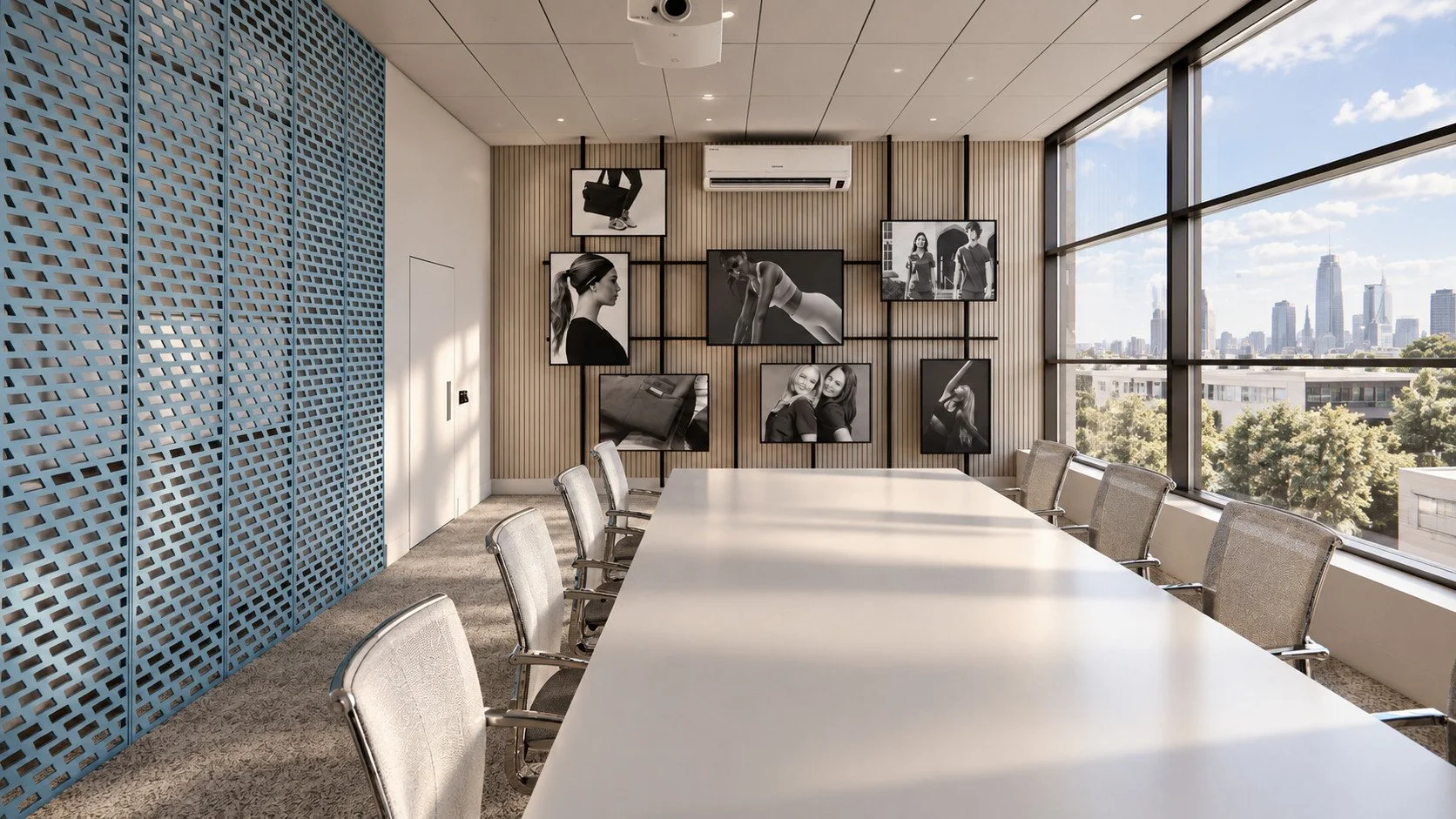 blue powder-coated steel screening brings the brand palette into the boardroom, alongside a long meeting table and expansive city views.