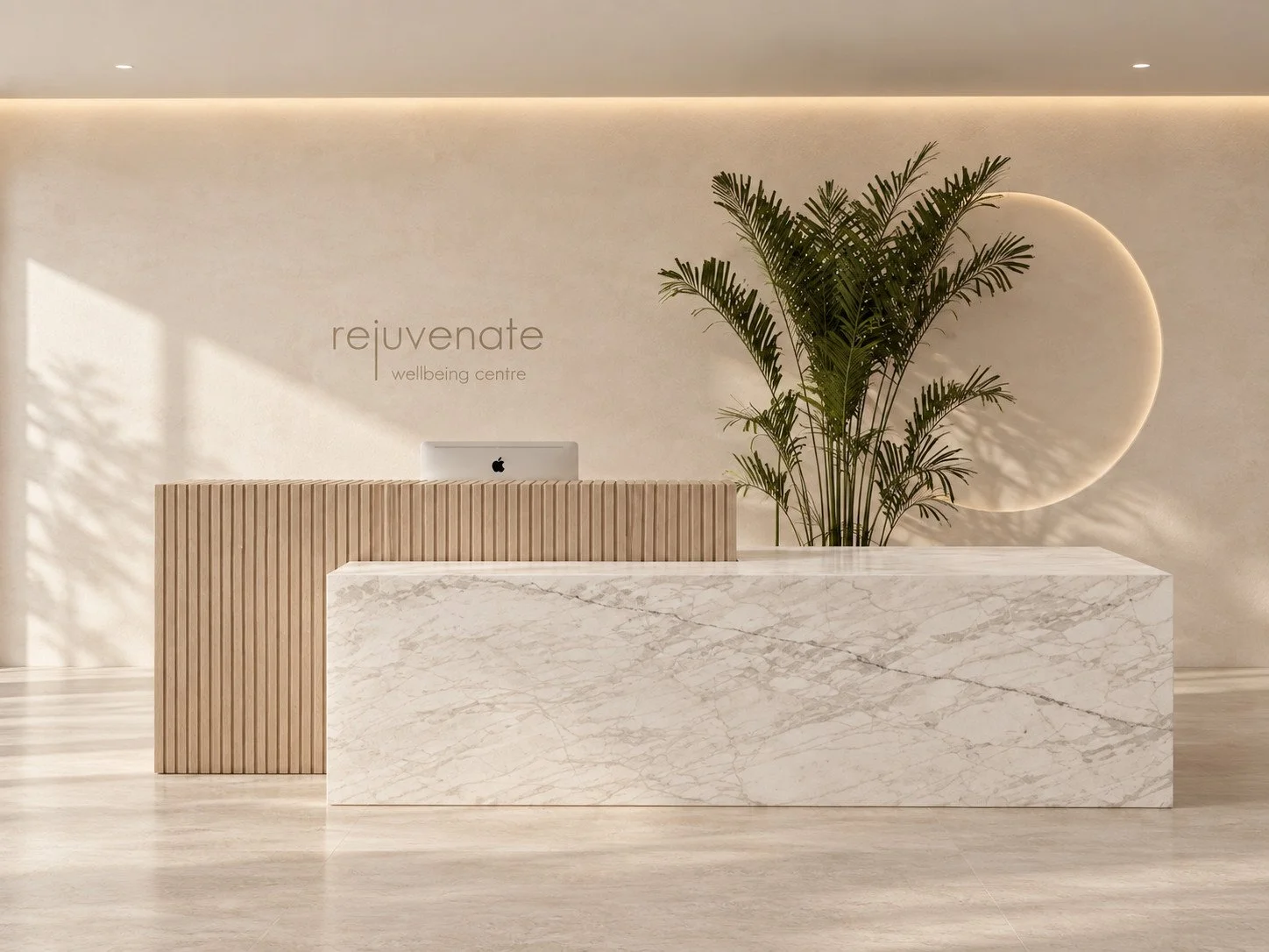 veined marble and vertical timber panelling define the reception, with understated signage and an illuminated circular wall recess.