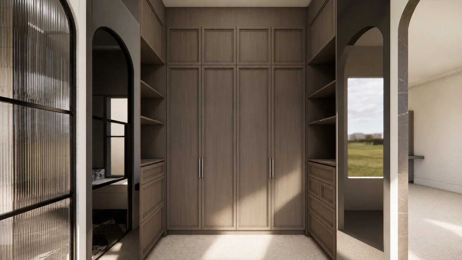 Craigneal dressing room visualisation with bespoke timber wardrobes, open shelving and an arched mirror.