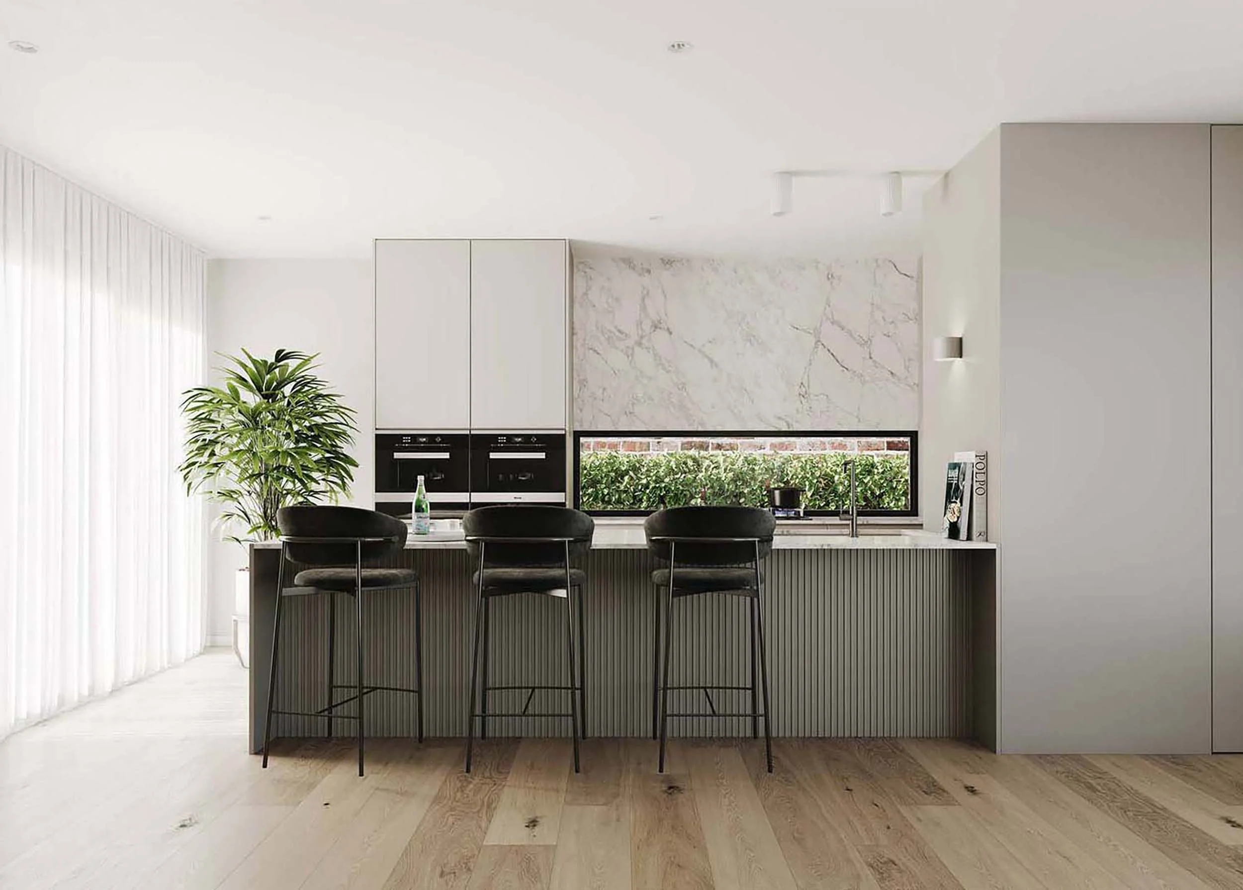 Modern kitchen with white cabinetry, marble backsplash, bar-height table with black chairs, large window, and potted plant.
