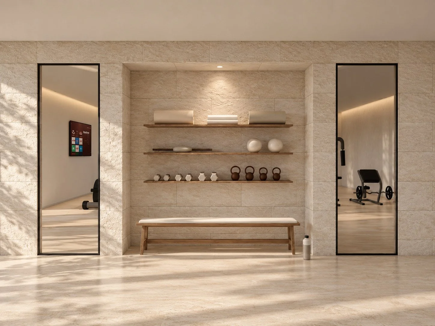 recessed timber shelves organise smaller fitness equipment between tall mirrors, with a simple bench and continuous travertine finishes.