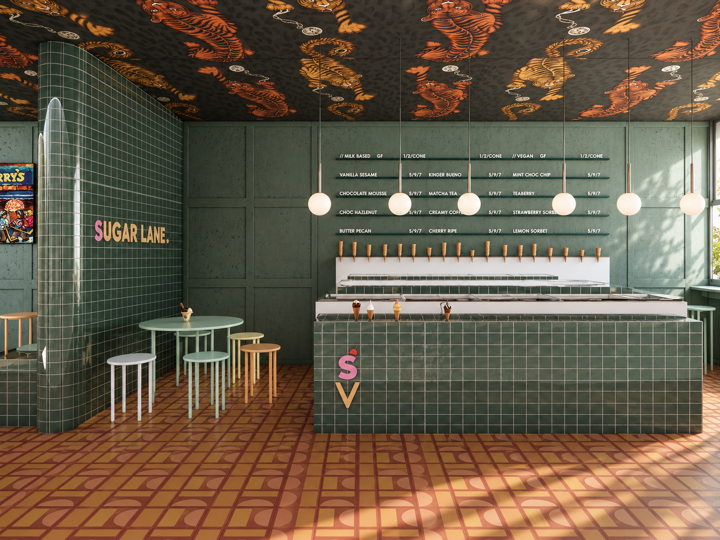 the main service counter brings together green tiling, custom signage and layered pattern to create a bold and memorable focal point.