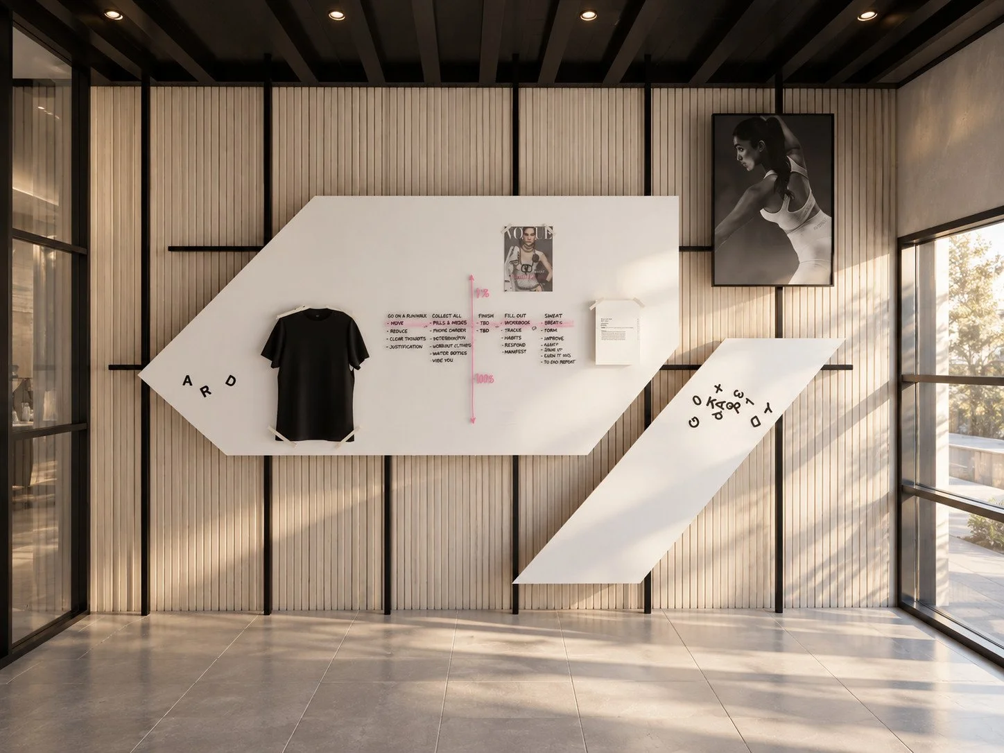 geometric whiteboards provide a working surface for strategy and marketing, set against timber panelling and the brand’s campaign imagery.