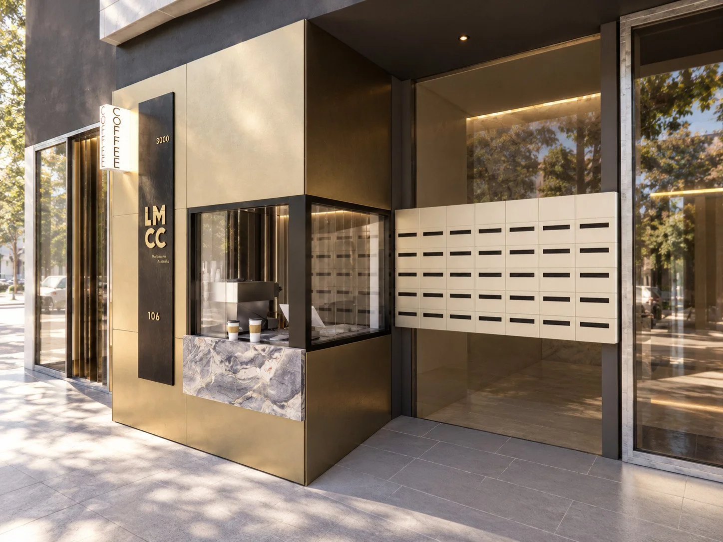warm metallic cladding frames the corner servery, with a quartzite counter, custom brand signage and a projecting coffee lightbox.