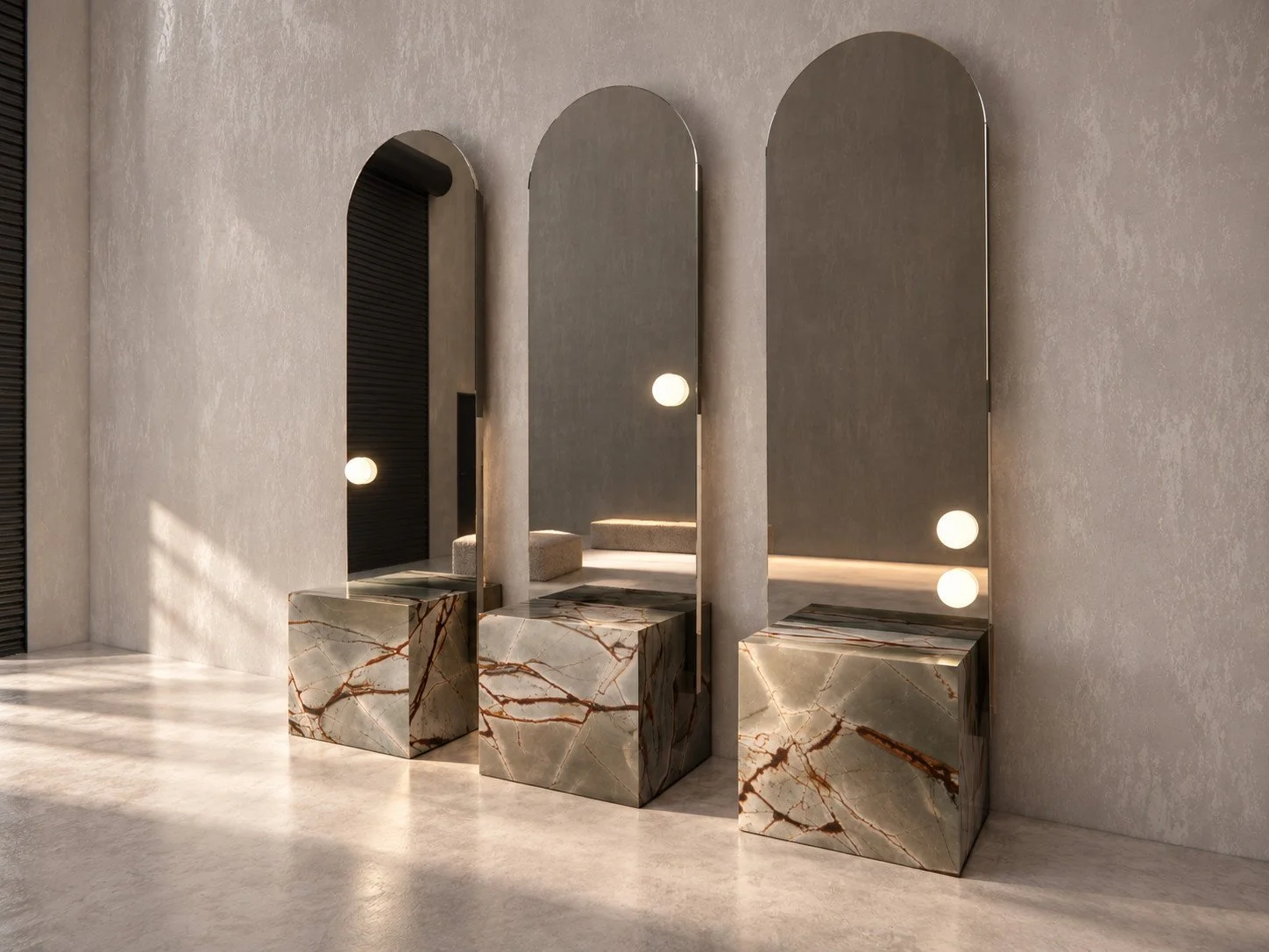veined stone preparation stations, arched mirrors and globe lighting support styling before social-media photography.
