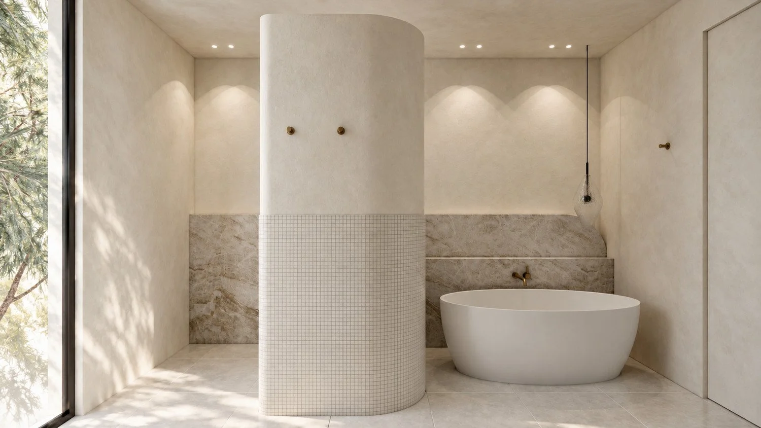 Pearl bathroom visualisation with a curved shower enclosure and freestanding bath.