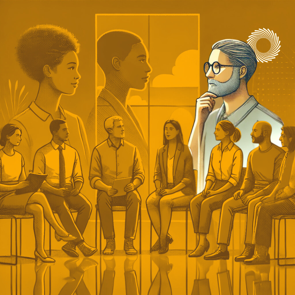 Illustration of a diverse group in a meeting, with large faces in the background, in a warm color palette.
