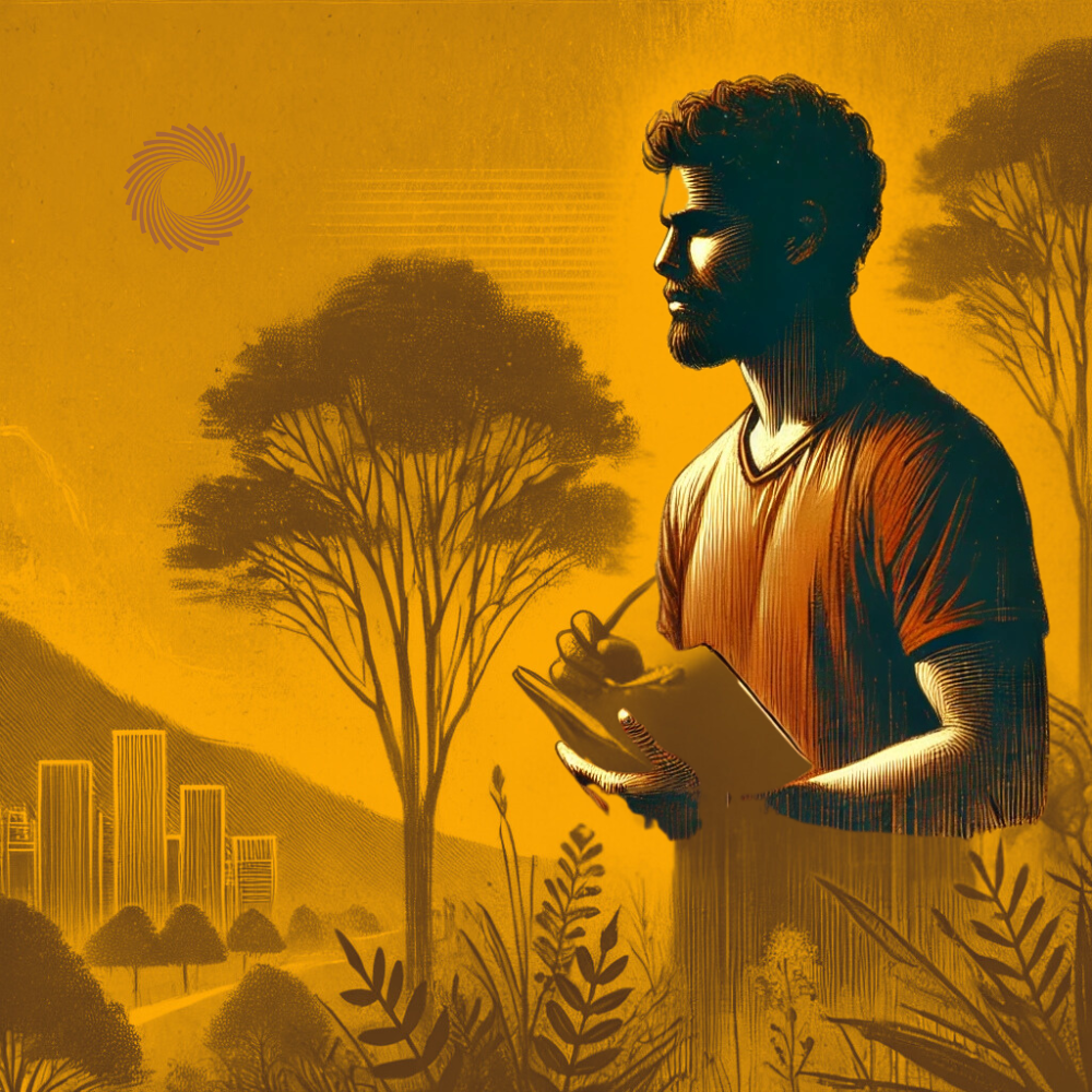 Artistic illustration of a man with a beard writing on a notepad in a yellow-toned landscape with trees, mountains, and a city skyline in the background.