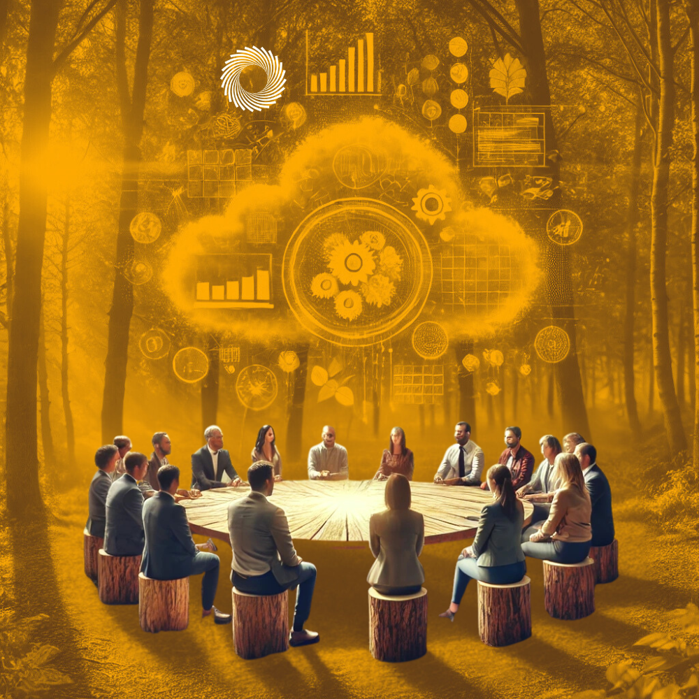 A diverse group of people sitting on tree stump chairs around a large wooden round table in a forest. Above them, an orange cloud shape with digital icons and graphs representing data and technology is floating, creating a blend of nature and modern technology.