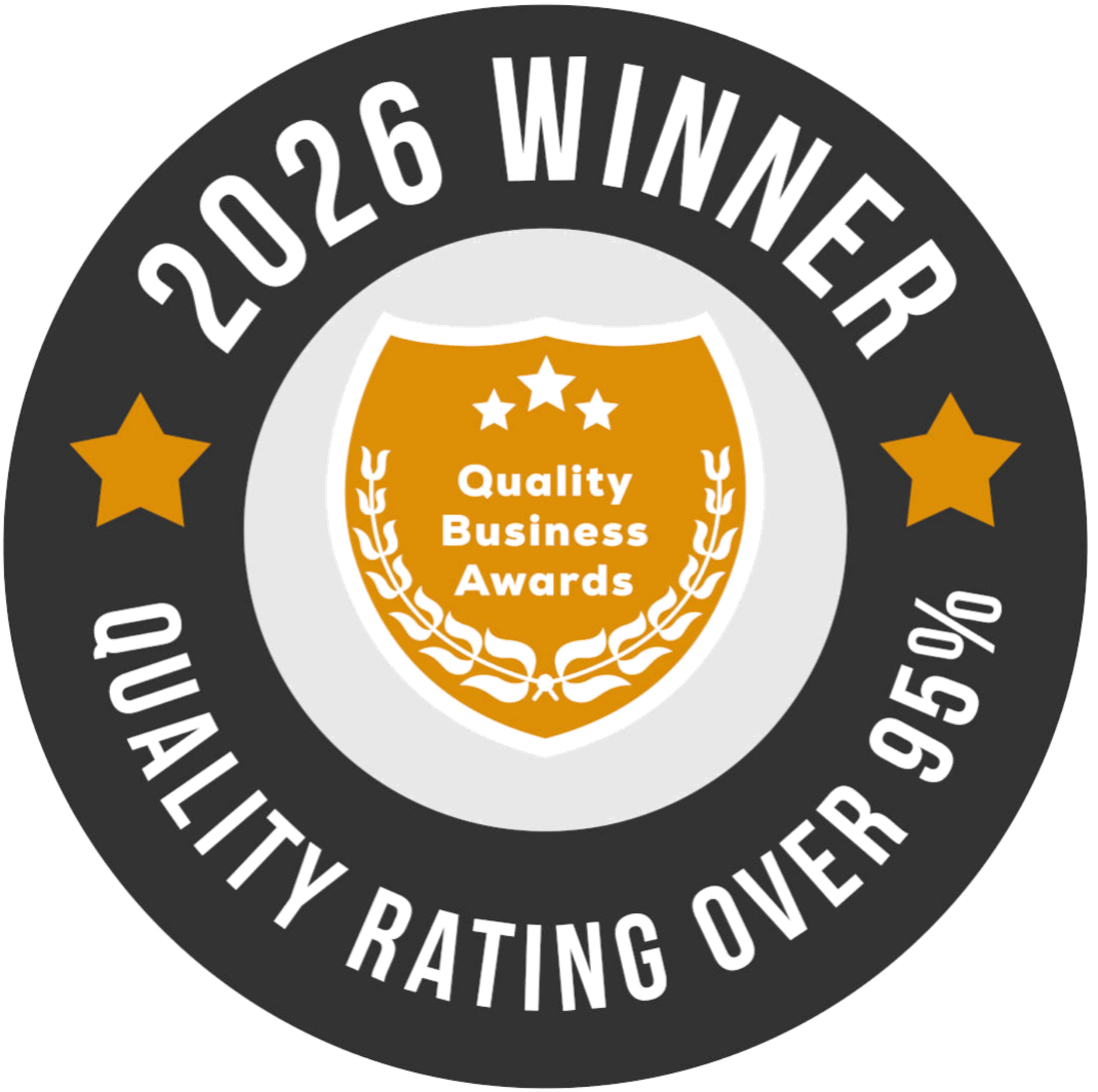 A badge or logo with a black circular border, featuring the text '2024 WINNER' at the top and 'QUALITY RATING OVER 95%' at the bottom. Inside is a gold shield with three stars and the words 'Quality Business Awards' written in the center.