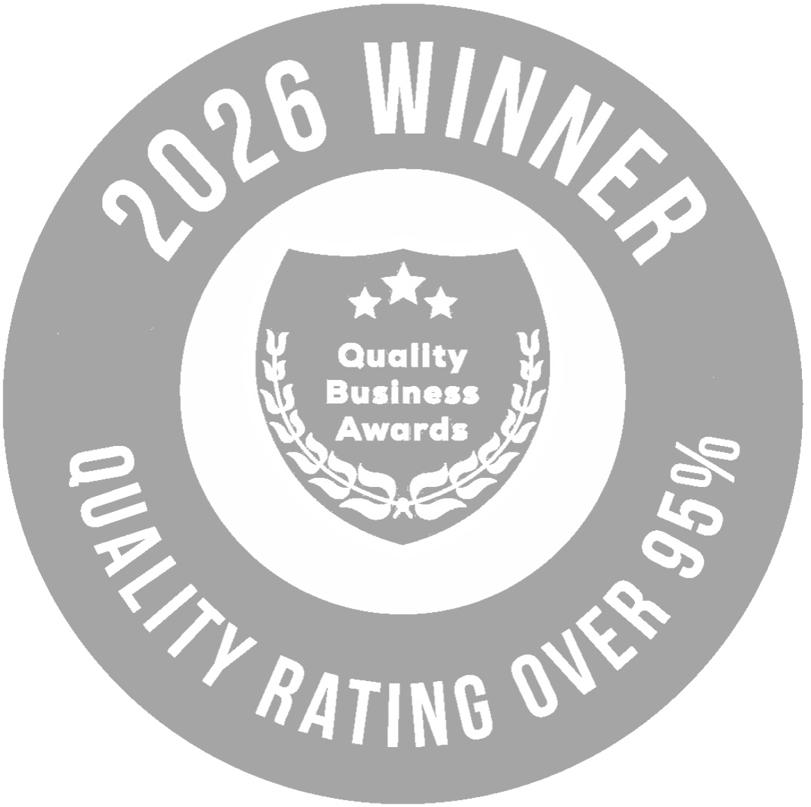 A black circular badge with white text and design elements, indicating a 2024 award for quality business, with 95% quality rating.