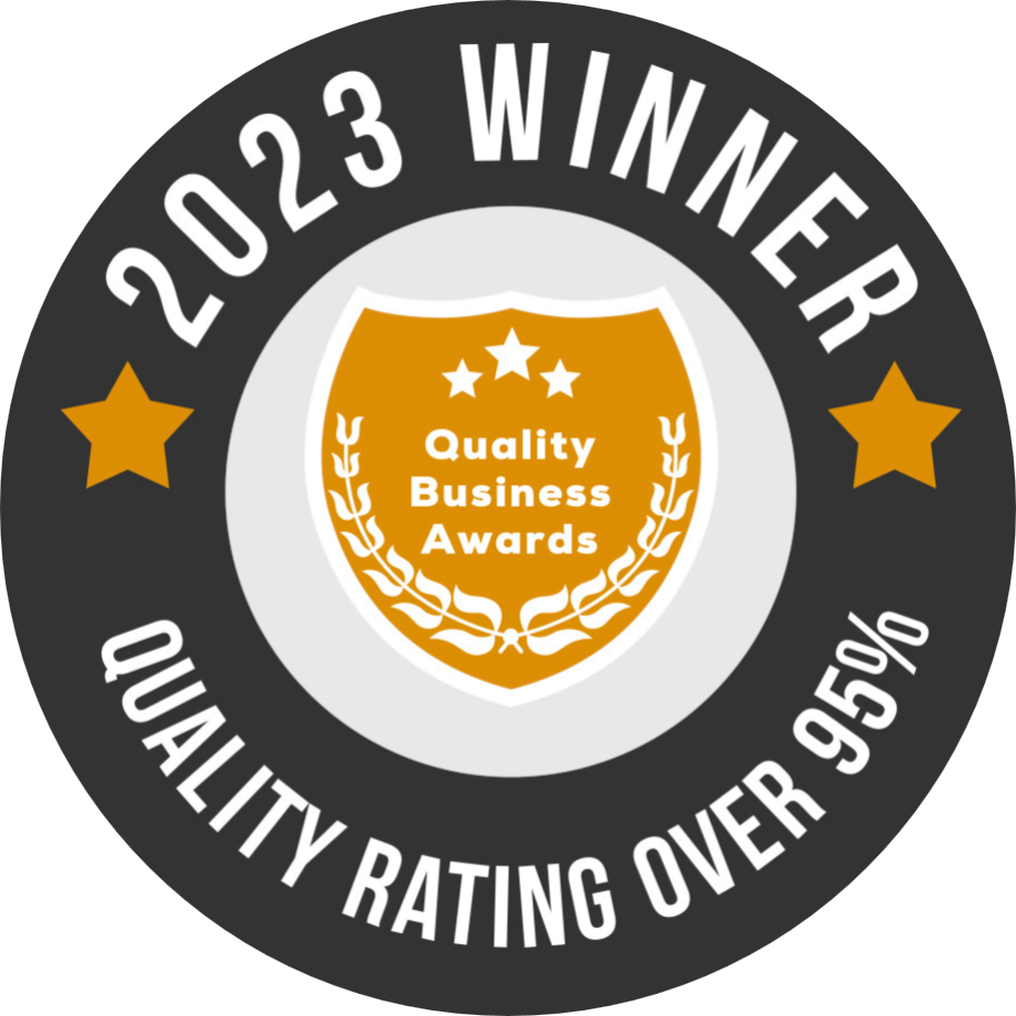A badge or sticker that reads '2023 Winner' at the top and 'Quality Rating Over 95%' at the bottom with a central shield that says 'Quality Business Awards' and features stars and laurel wreaths.