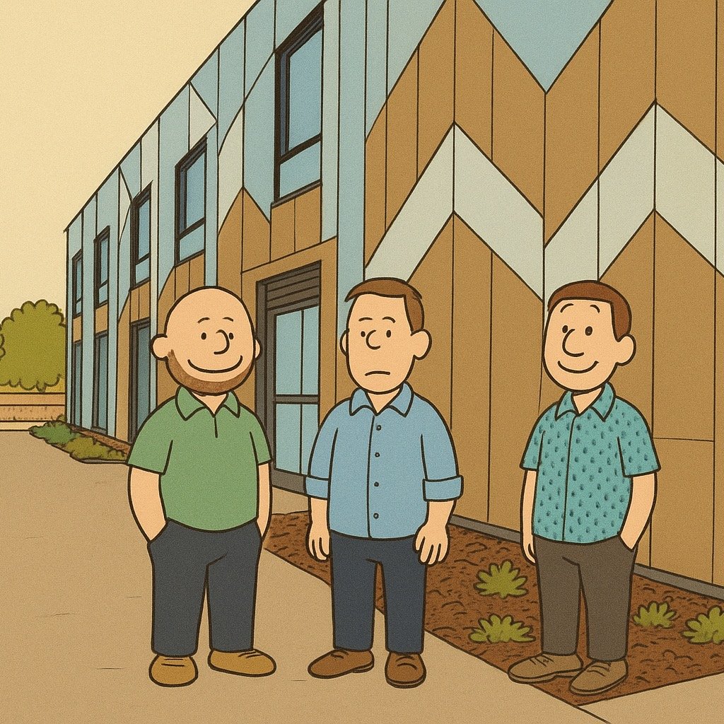 "Site visit vibes 👷&zwj;♂️✨ Two smiles and one very serious face &mdash; don&rsquo;t worry, even our AI-generated cartoon guy in the middle secretly loves the fa&ccedil;ade" 😅
#ArchitectLife #SiteVisit #FacadeGoals #TeamWork #Architecture