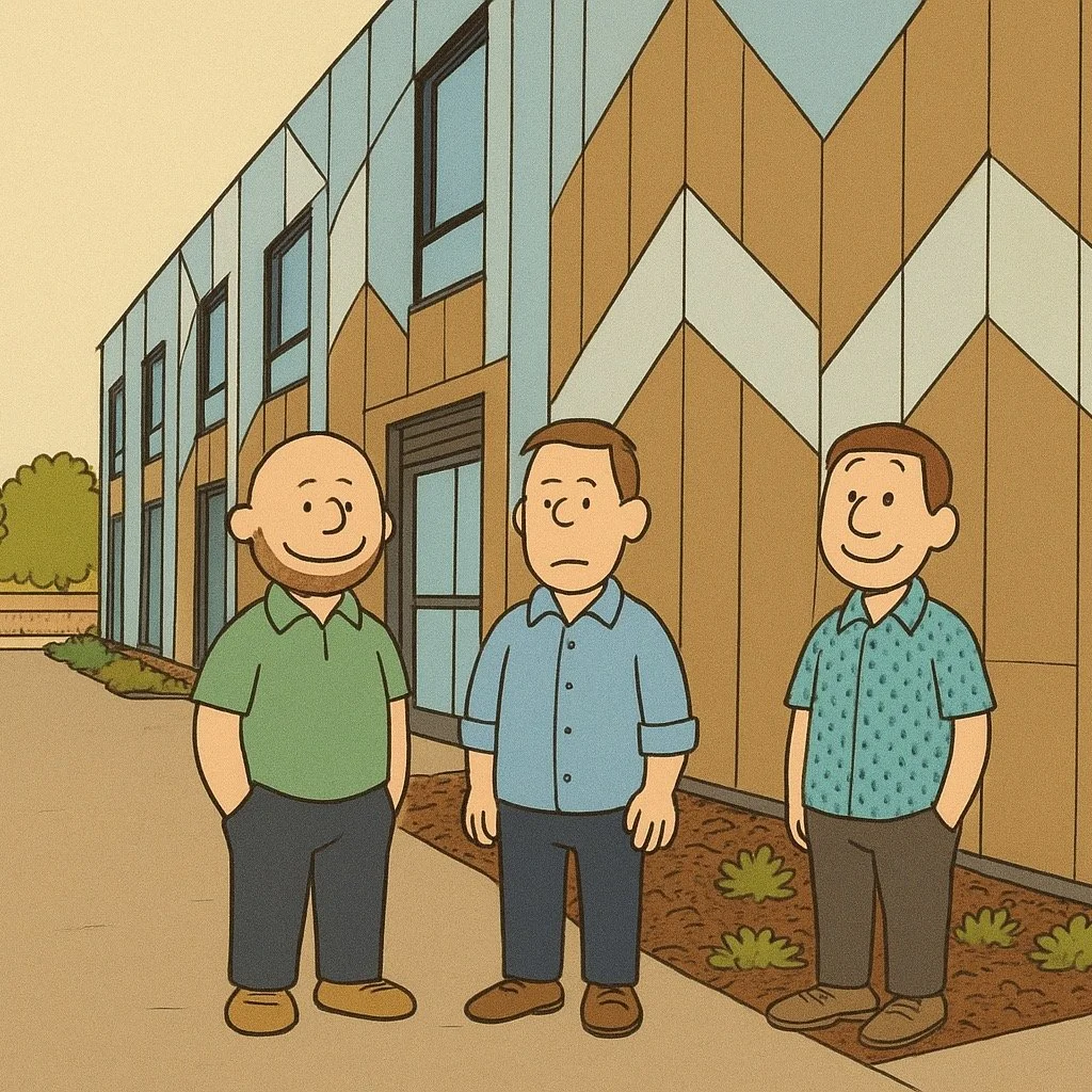 "Site visit vibes 👷&zwj;♂️✨ Two smiles and one very serious face &mdash; don&rsquo;t worry, even our AI-generated cartoon guy in the middle secretly loves the fa&ccedil;ade" 😅
#ArchitectLife #SiteVisit #FacadeGoals #TeamWork #Architecture
