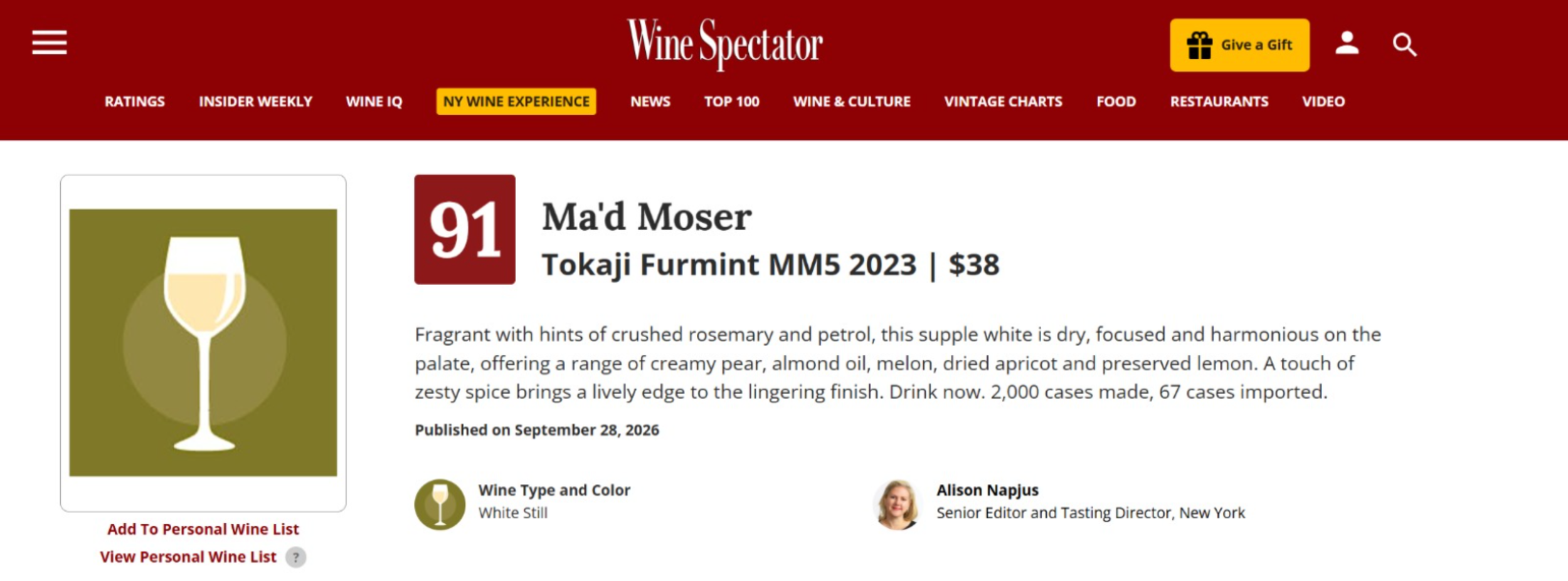 Wine Spectator | MM5 2023 91/100