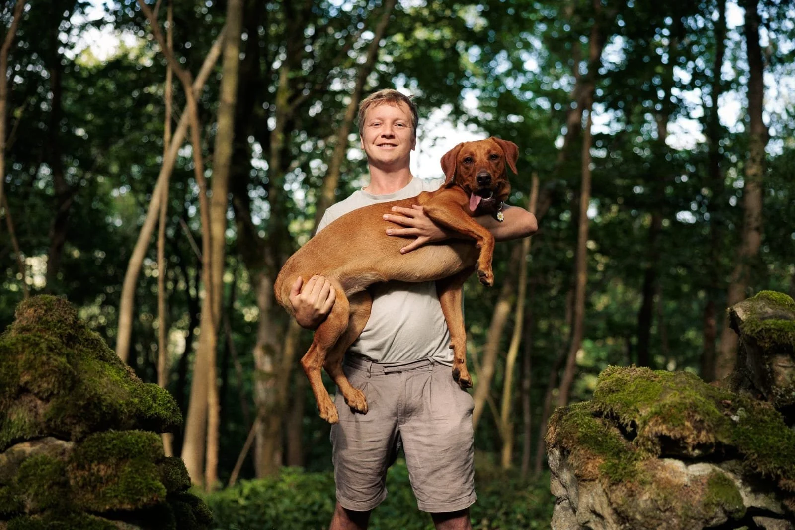 A man holding a brown dog in a forest with trees and moss-covered rocks.