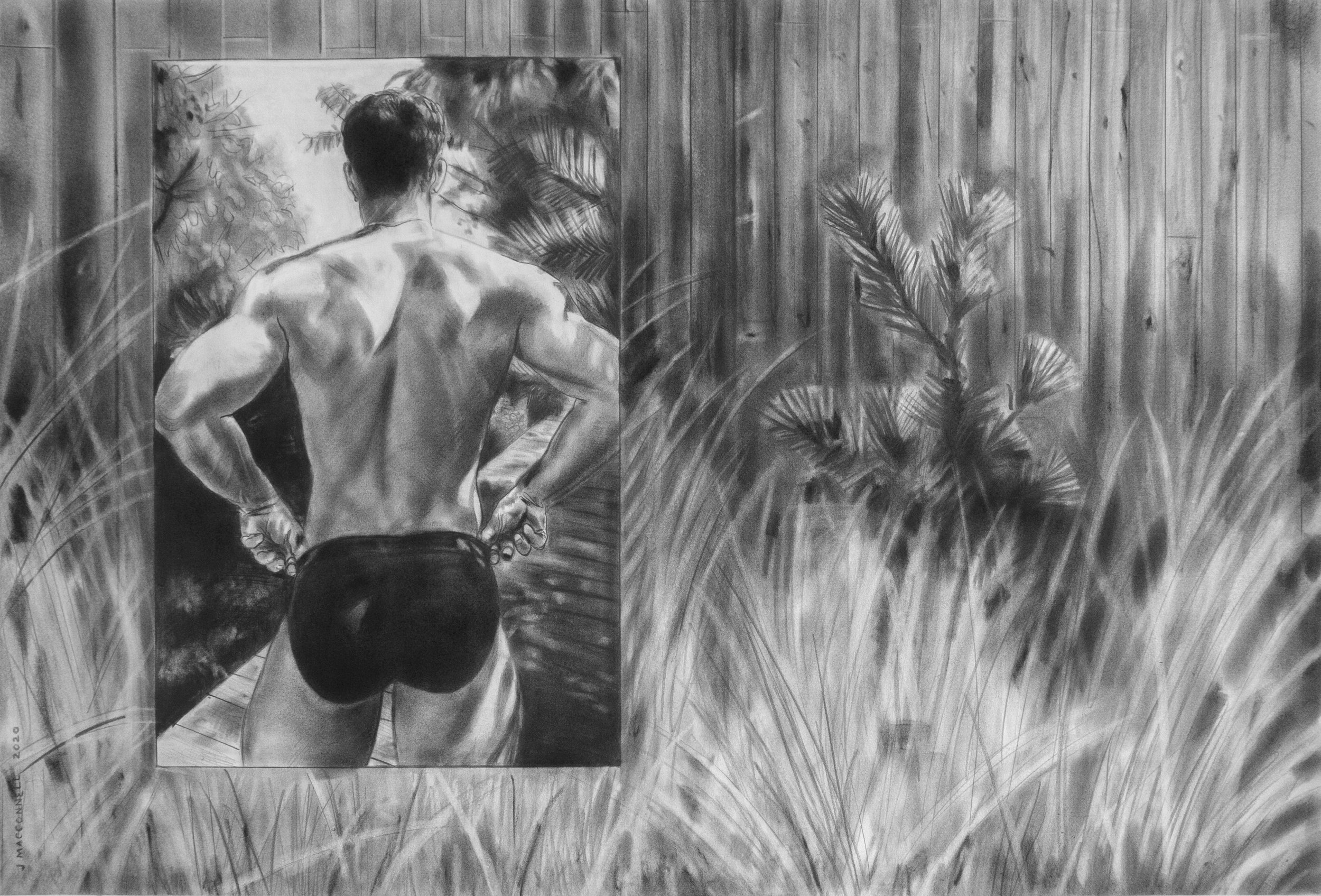   John MacConnell,  Patrick  (Fire Island 2), 2020, graphite on Rives BFK, 30"x42"   Inquire  