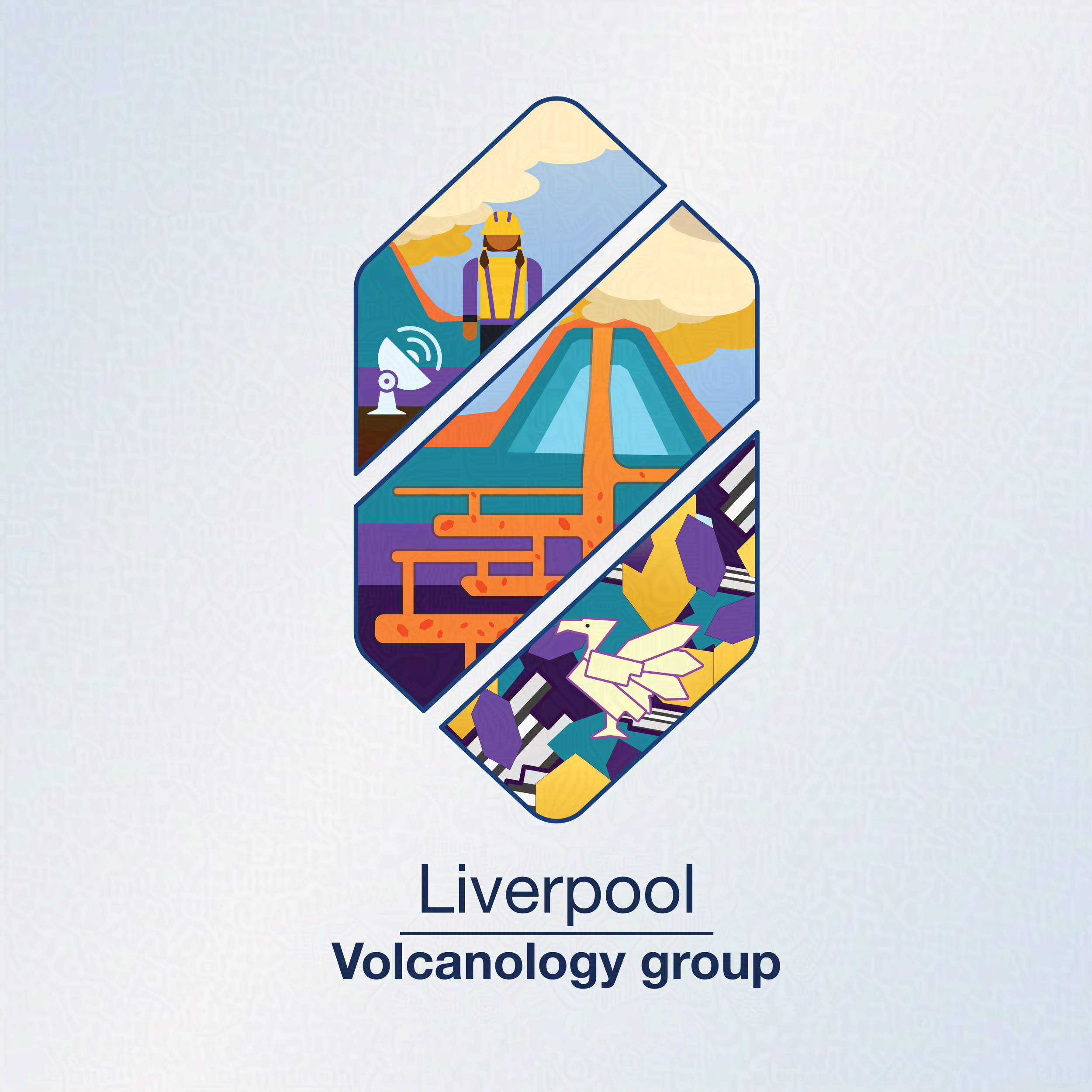 Liverpool Volcanology Lab logo. The logo is diamond shaped and split diagonally into 3 sections; the top showing a researcher in the field, the middle showing the cross section of a volcano, and the bottom showing a rock thin section with a crystal L