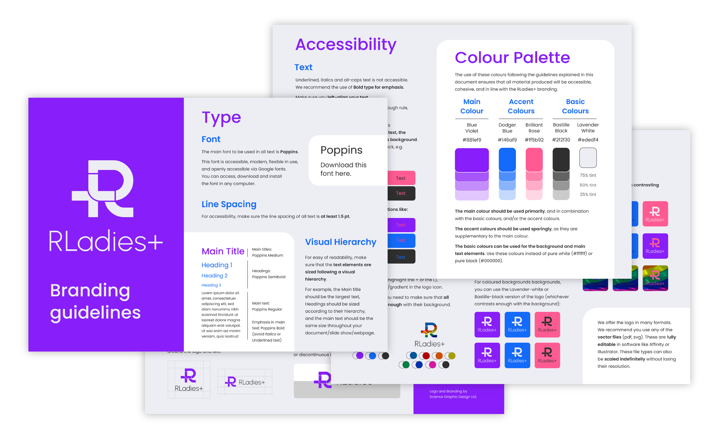 Accessible branding guidelines for RLadies+. It shares accessible colour combinations, use of visual hierarchy, font, and line spacing.
