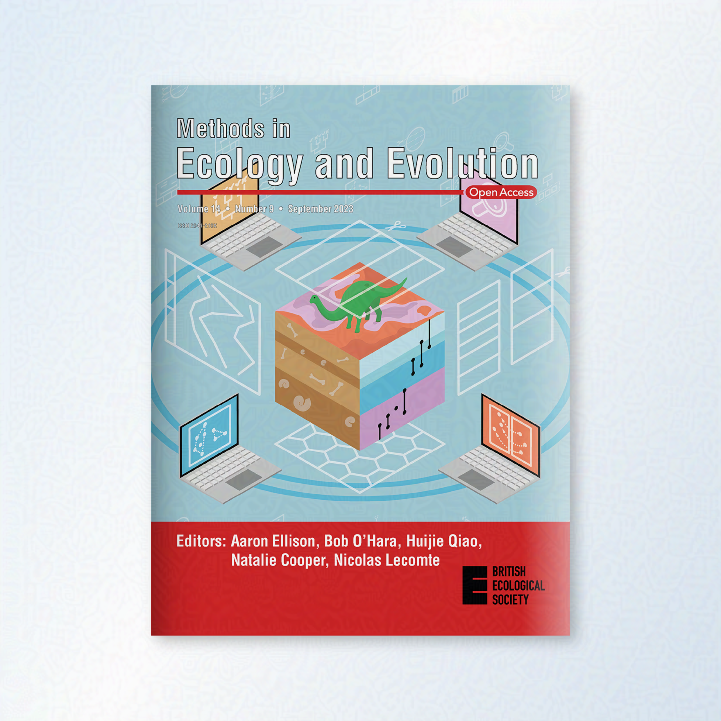 British Ecological Society journal. The text at the top reads "Methods in Ecology and Evolution". A cube in the centre has a dinosaur on the top, a rock cross section on one side, and a graph on the other. Around this cube are scattered laptops showi