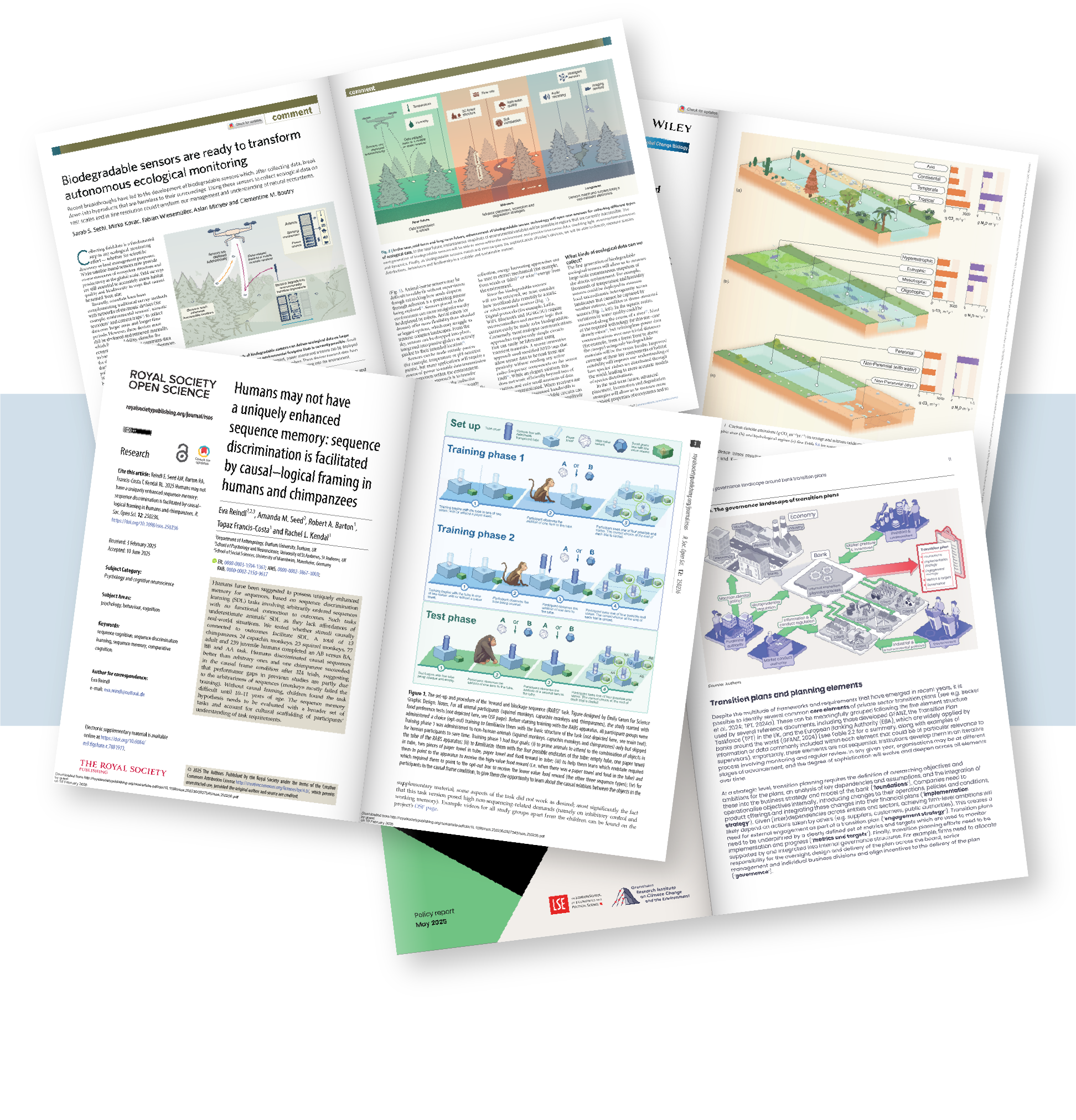 Multiple scientific research papers with graphs, diagrams, and text related to ecology, environmental science, and biological research.