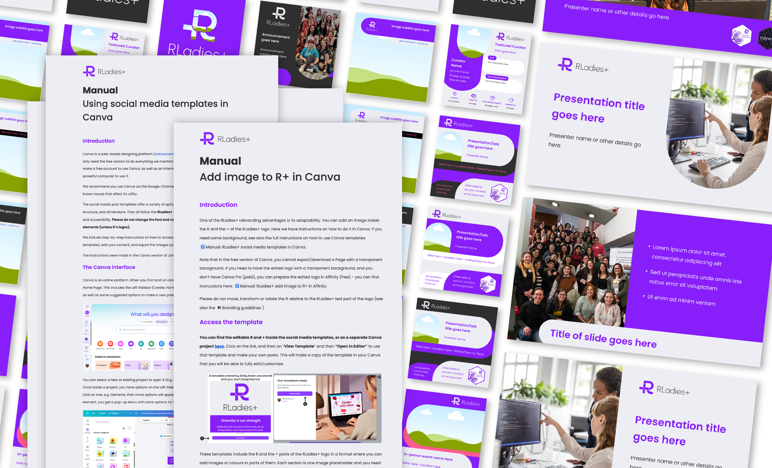 Examples of RLadies+ instruction manuals for the rebrand. In the background are examples of presentation slides and social media posts.