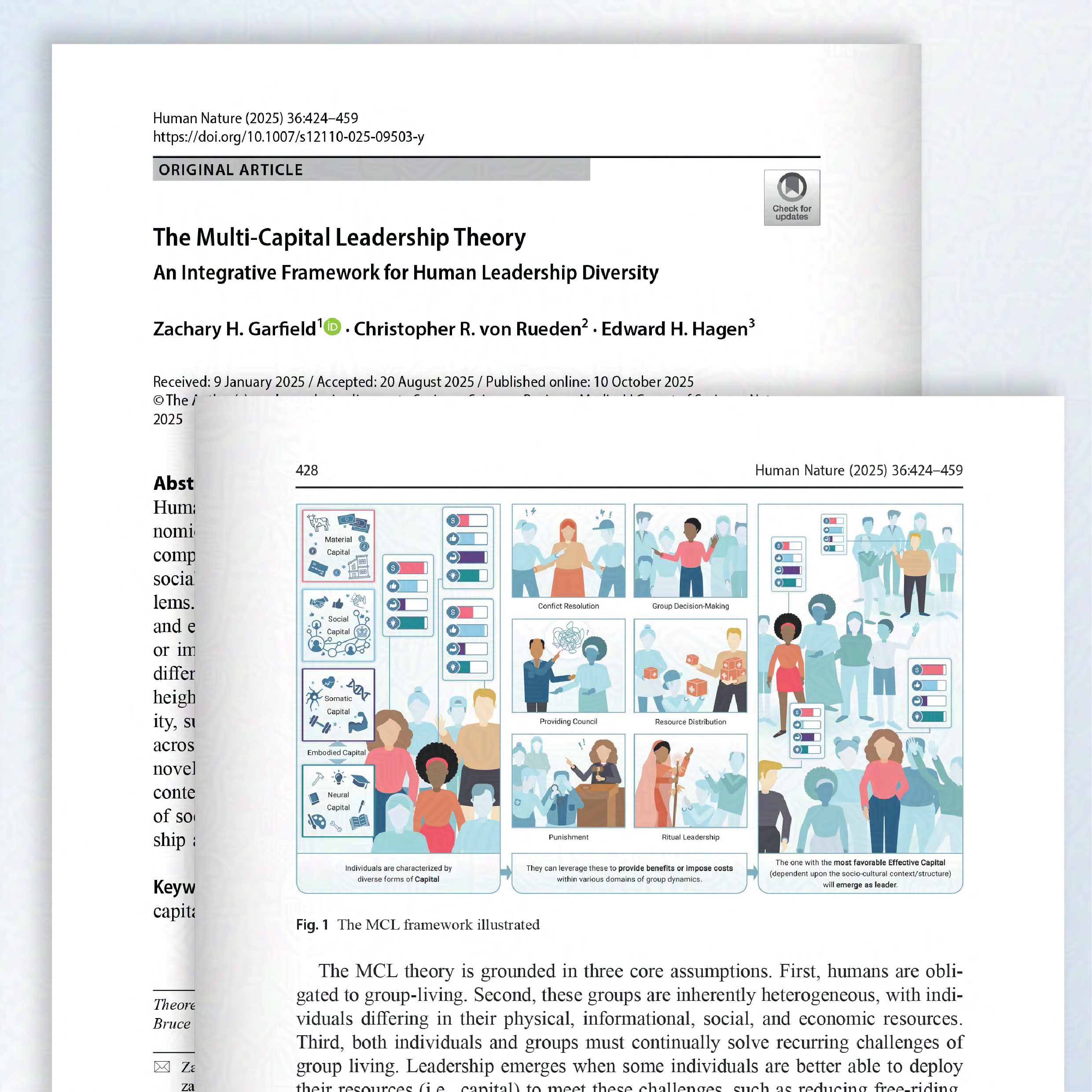 A 3 panel figure showing the framework of multi-capital leadership theory.  Brightly coloured illustrations of people demonstrate each phase.