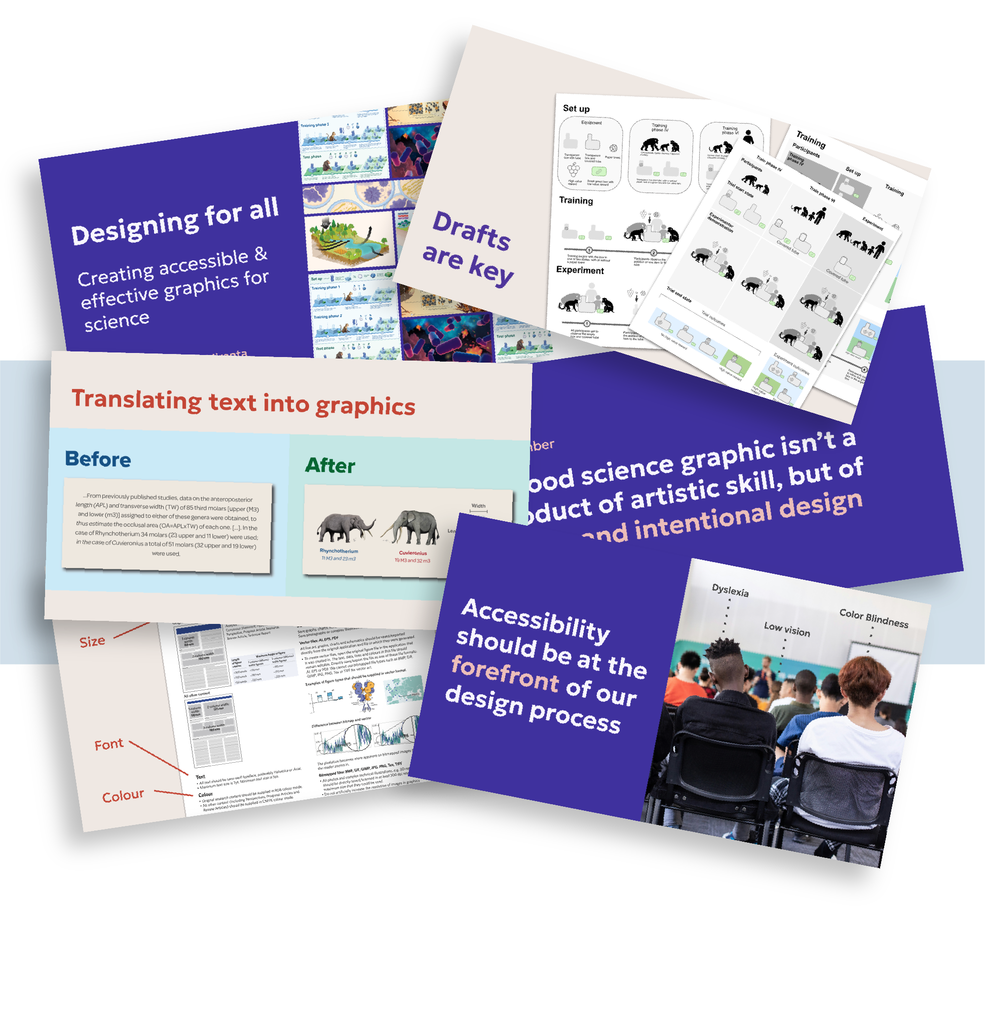 Collage of slides from our workshop on Accessibility graphic design for scientists