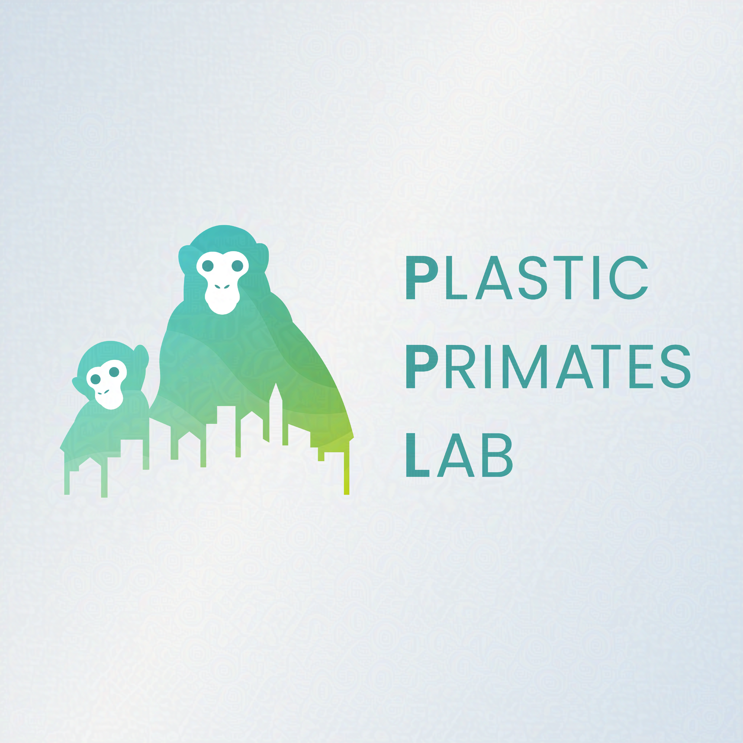 The Plastic Primate Lab logo. To the right of a text are two blue/green monkeys, with a cut out of the skyline cutting into them.