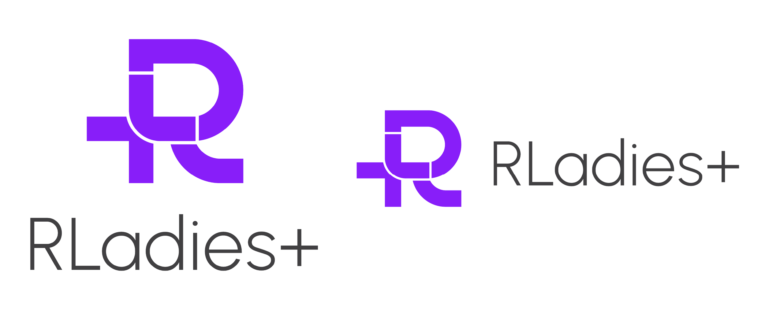 The new RLadies+ logo. A purple R ( which includes a hidden plus symbol and the letter 'L') next to the words 'RLadies+'