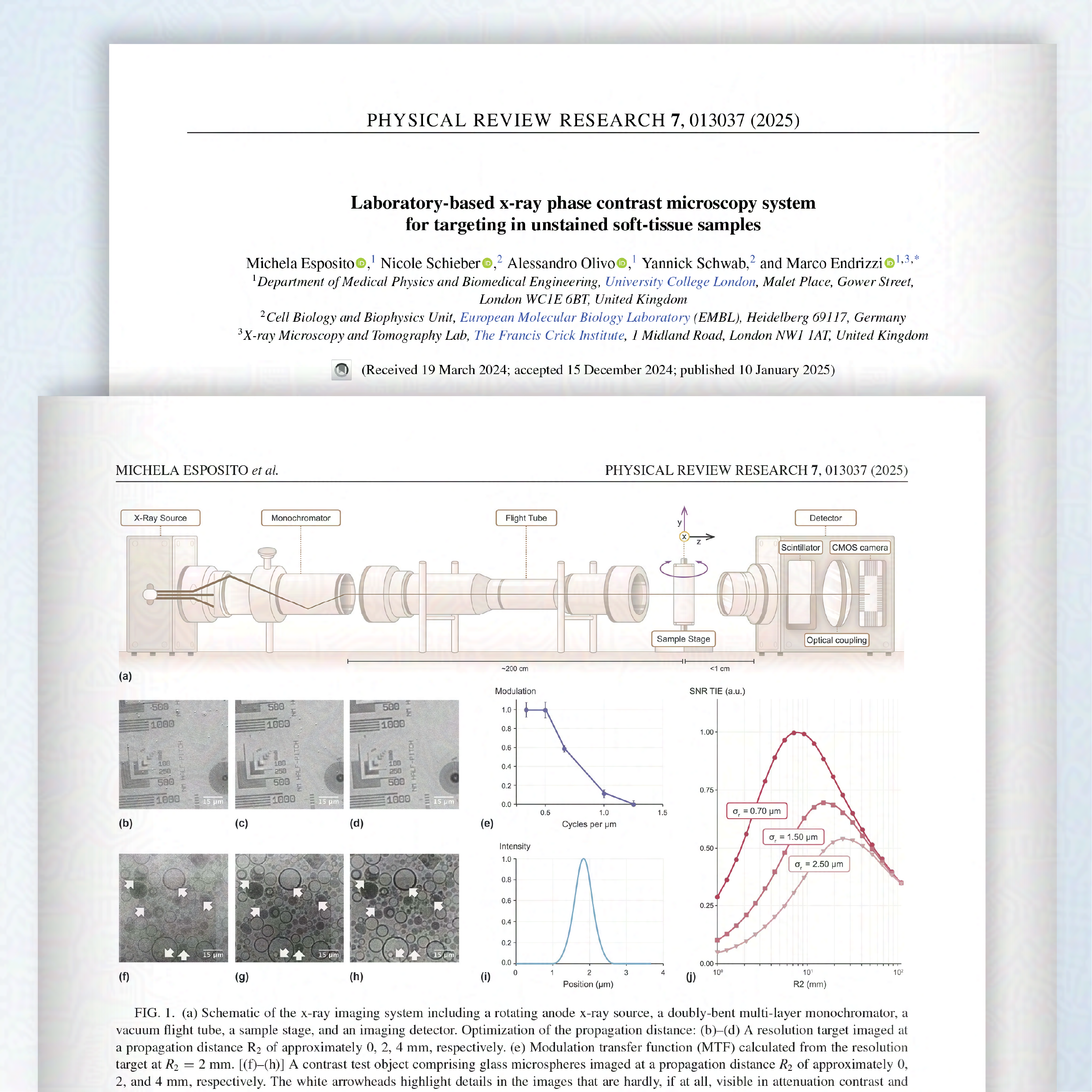 A multipanel figure showing a physics experiment set up for x-ray phase contrast microscopy, example images, and graphical outputs of the experiment. 