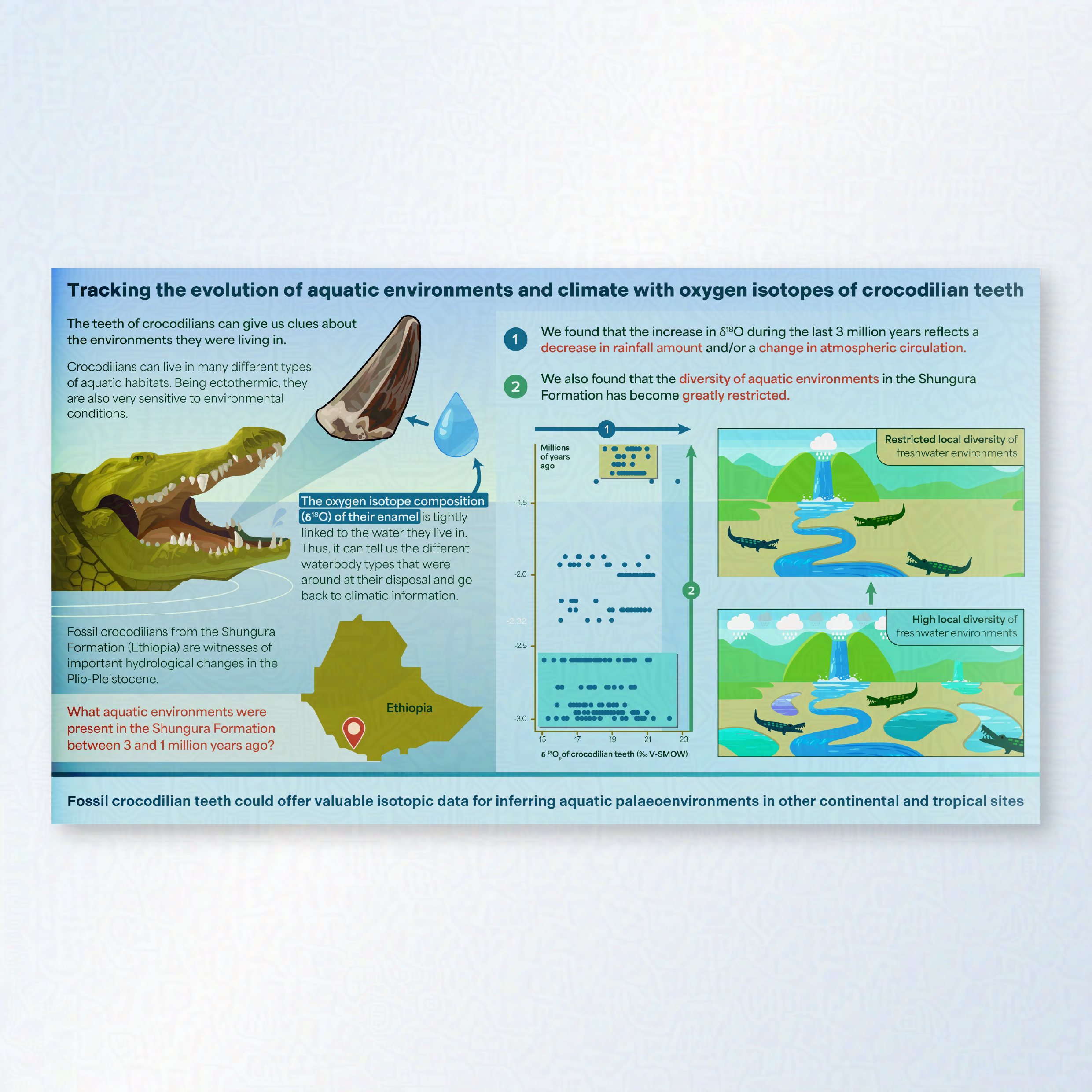 A graphical abstract "Tracking the evolution of aquatic environments and climate with oxygen isotopes of crocodilian teeth". Below is a crocodile illustration with a pull out to a tooth. 