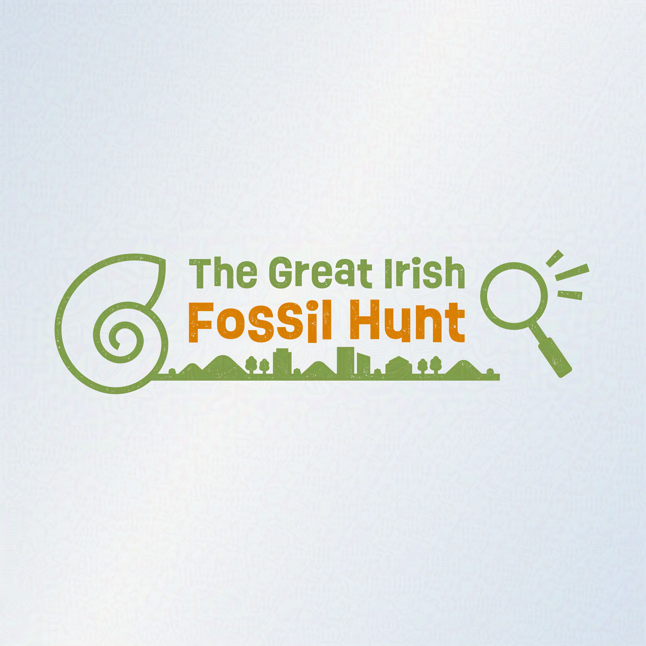 The Great Irish Fossil Hunt logo. Next to the text is a green ammonite and green magnifying glass. Underneath is a outlined cityscape.