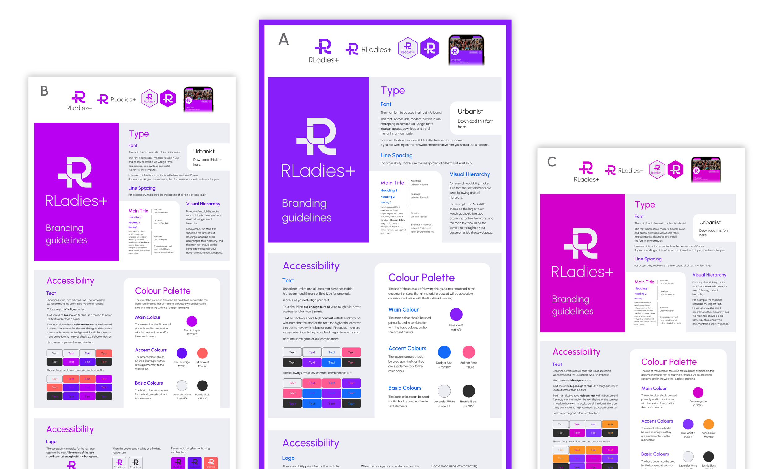 Examples of possible colour schemes and accessible branding for RLadies+.