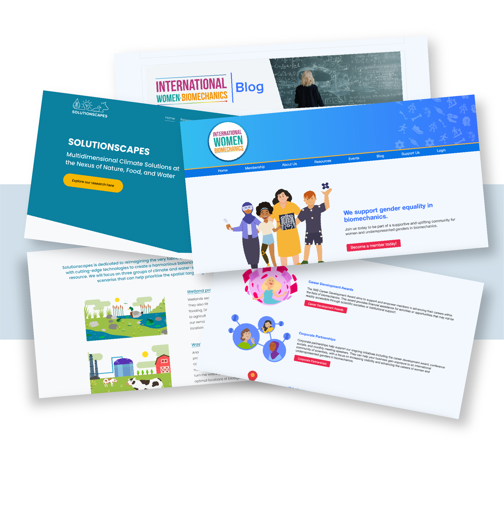 Collage of screenshots from the websites we have made, namely Solutionscapes and International Women in Biomechanics