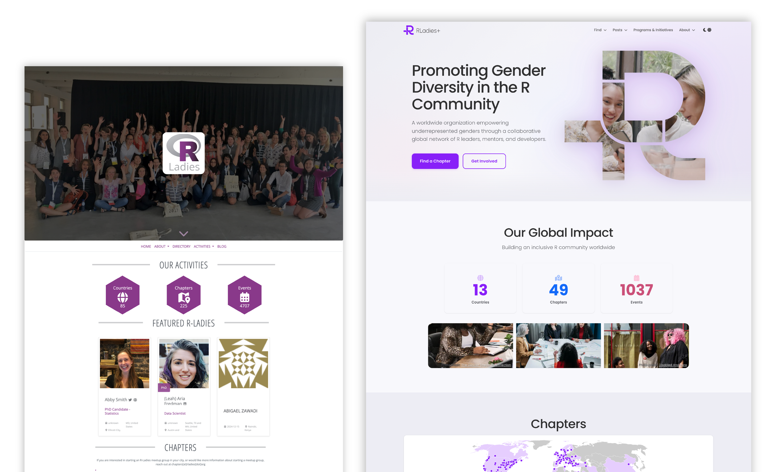 Before and after screenshots of the RLadies+ new website using the new accessible branding guidelines.