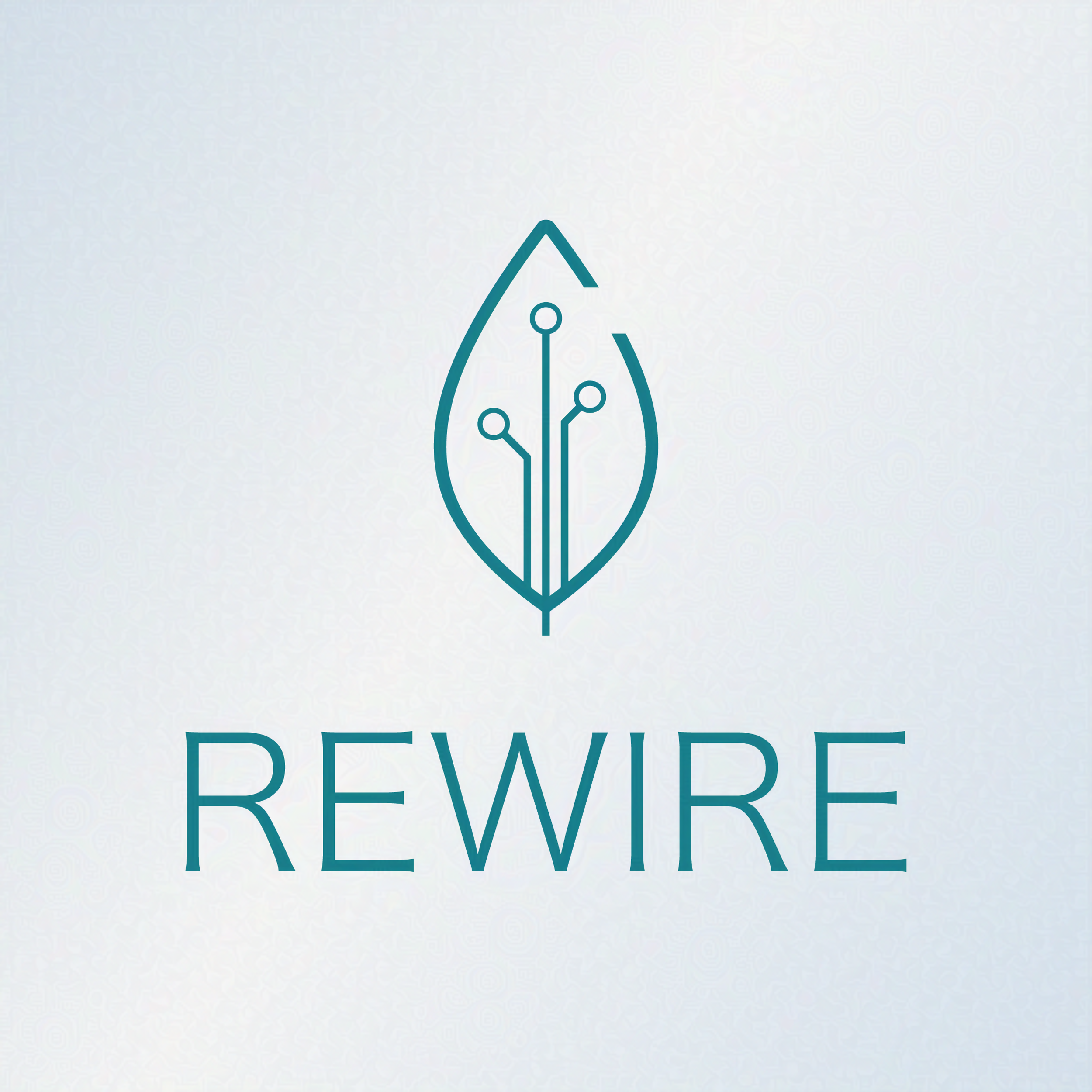 Rewire logo. A leaf shape is placed above the text. In it the the veins of the leaf look like a circuit. 