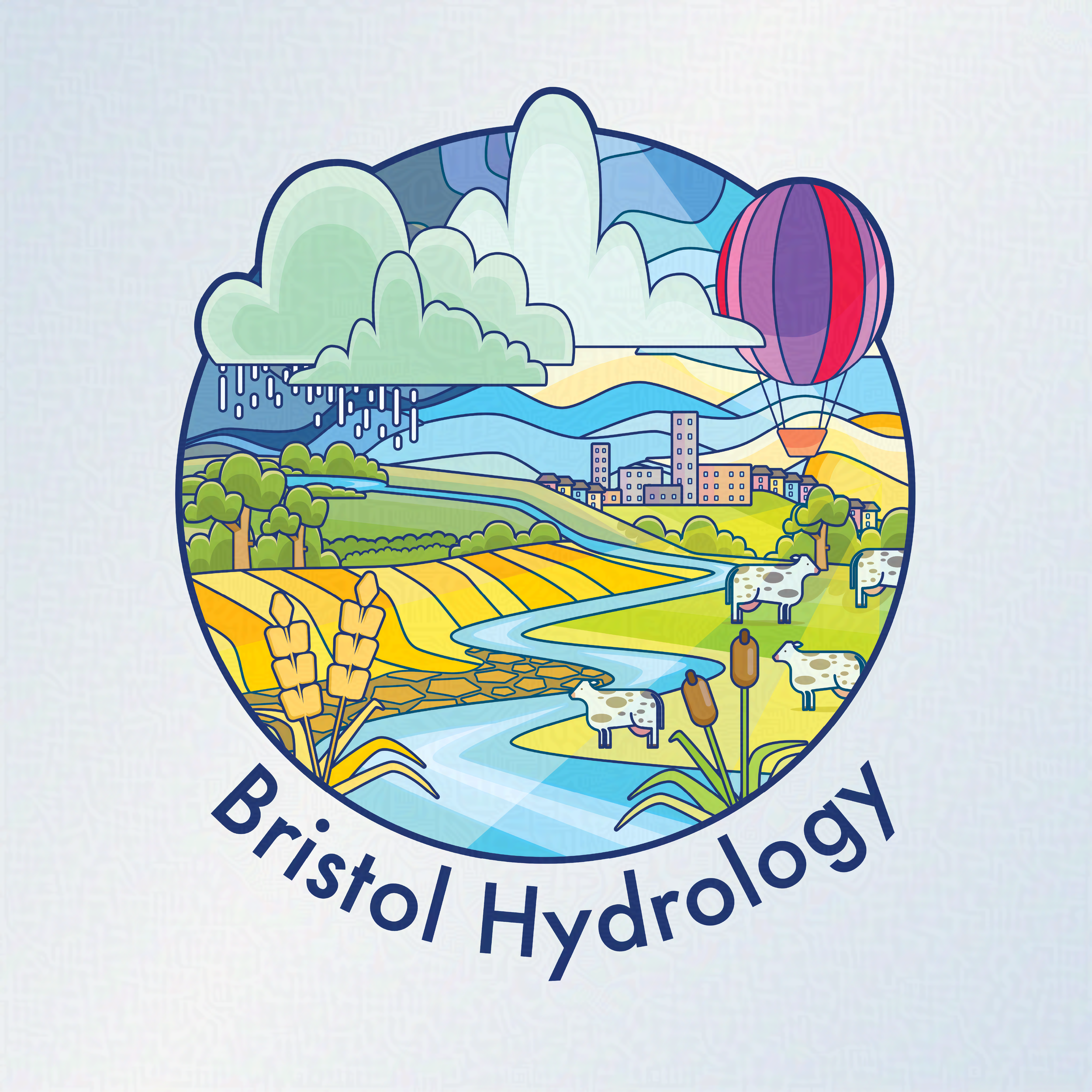 Bristol Hydrology Lab logo. It shows an illustrated scene of a rainy sky with a balloon nfloating above the Bristol skyline. In the foreground is a river running through agricultural land.