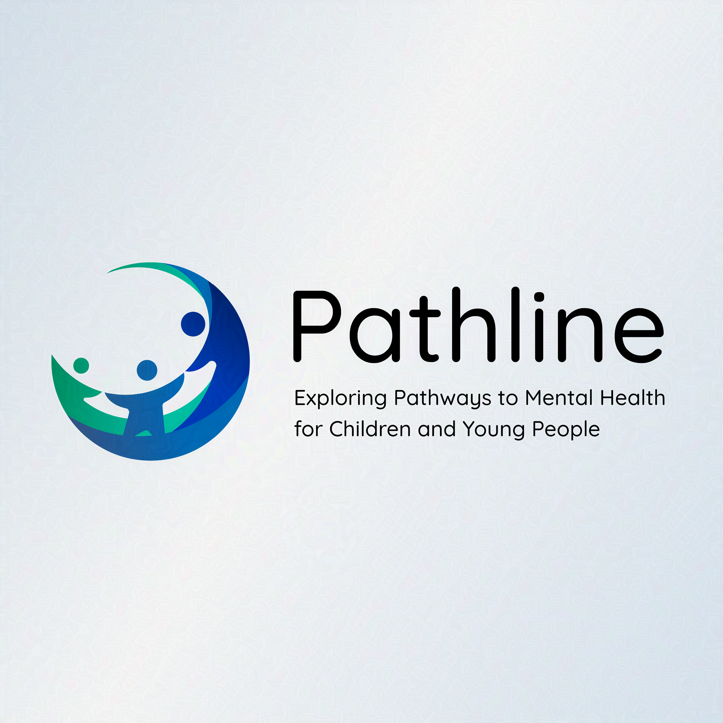 Pathline logo. Three people, two younger and one care giver, reach their hands out to each other and bend round the outline of a circle.