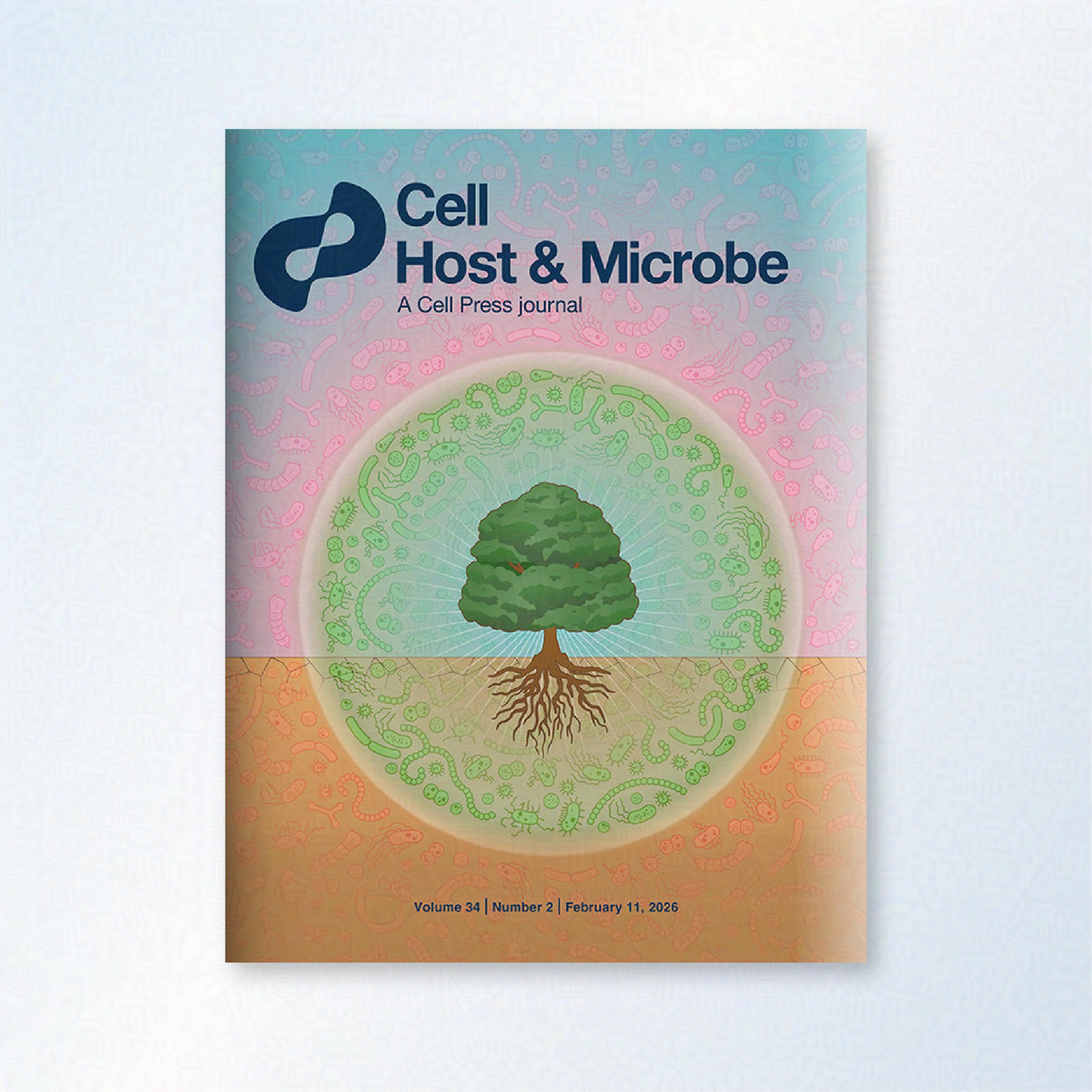 Cell Host and Microbe cover. A tree in a green bubble  is surrounded by  small illustrations of microbes. 