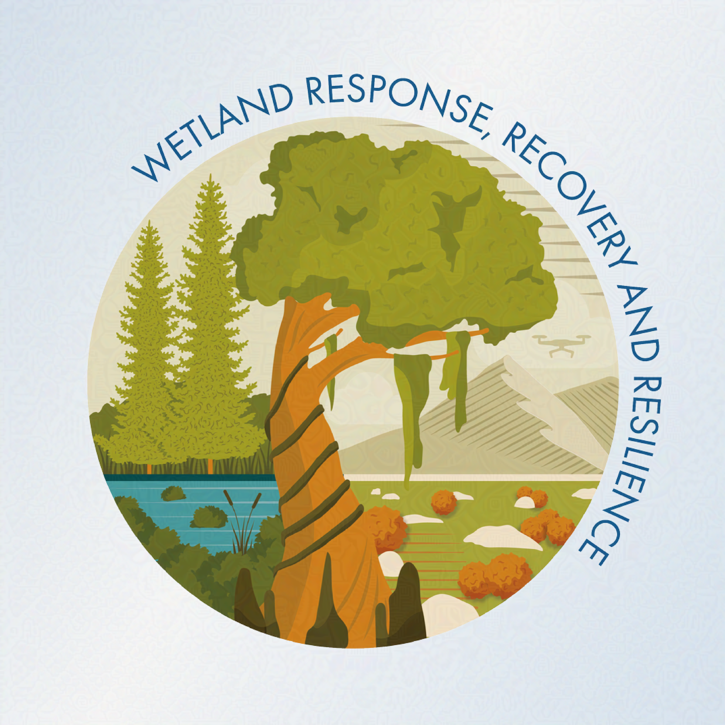 A circular logo for the Wetland Resilience Research Group. The illustration shows a mossy tree dividing wetland on the left from dryer mountain land on the right.
