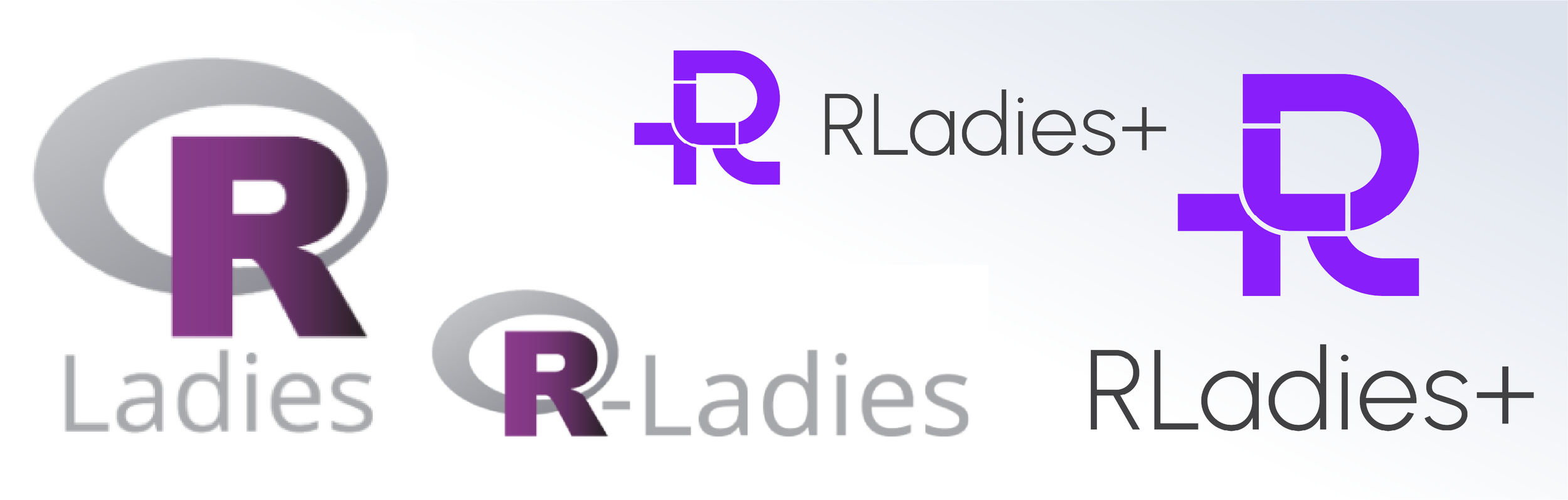 Examples of the before (left) and after (right) for the RLadies+ logo. The new logo incorporates the plus symbol into the letter 'R'.