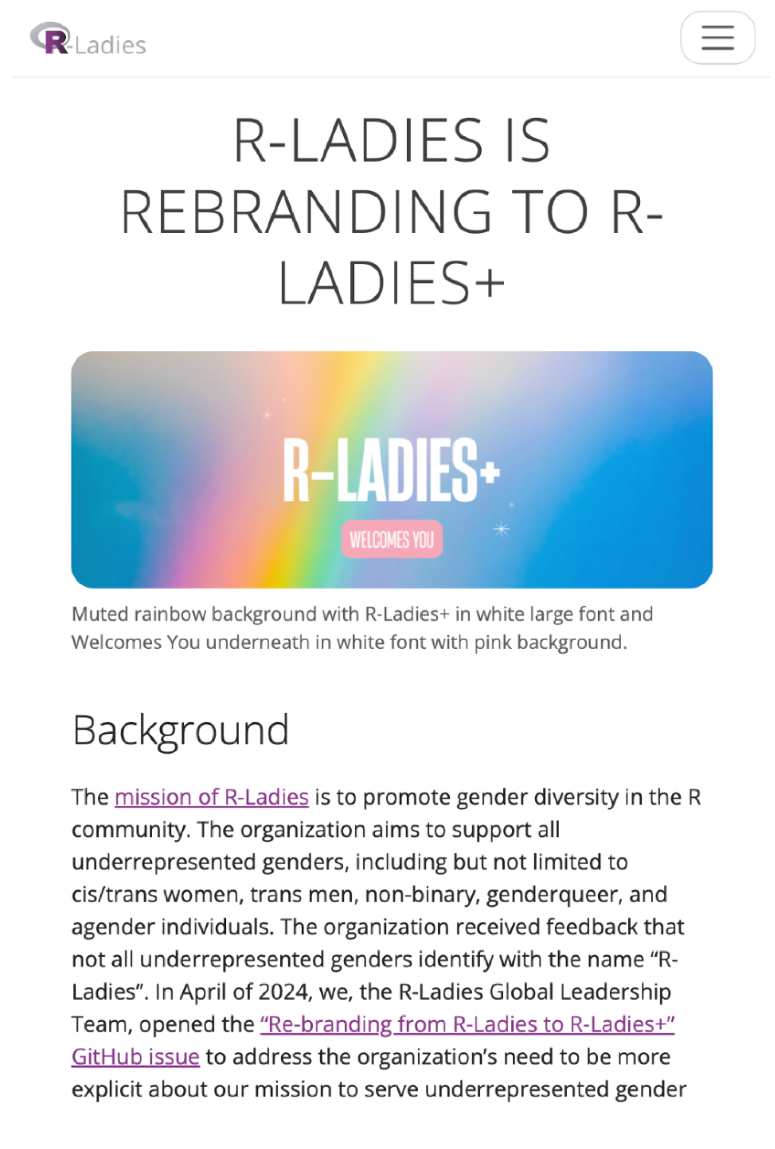 Website screenshot of the call for proposals for the RLadies+ rebrand.