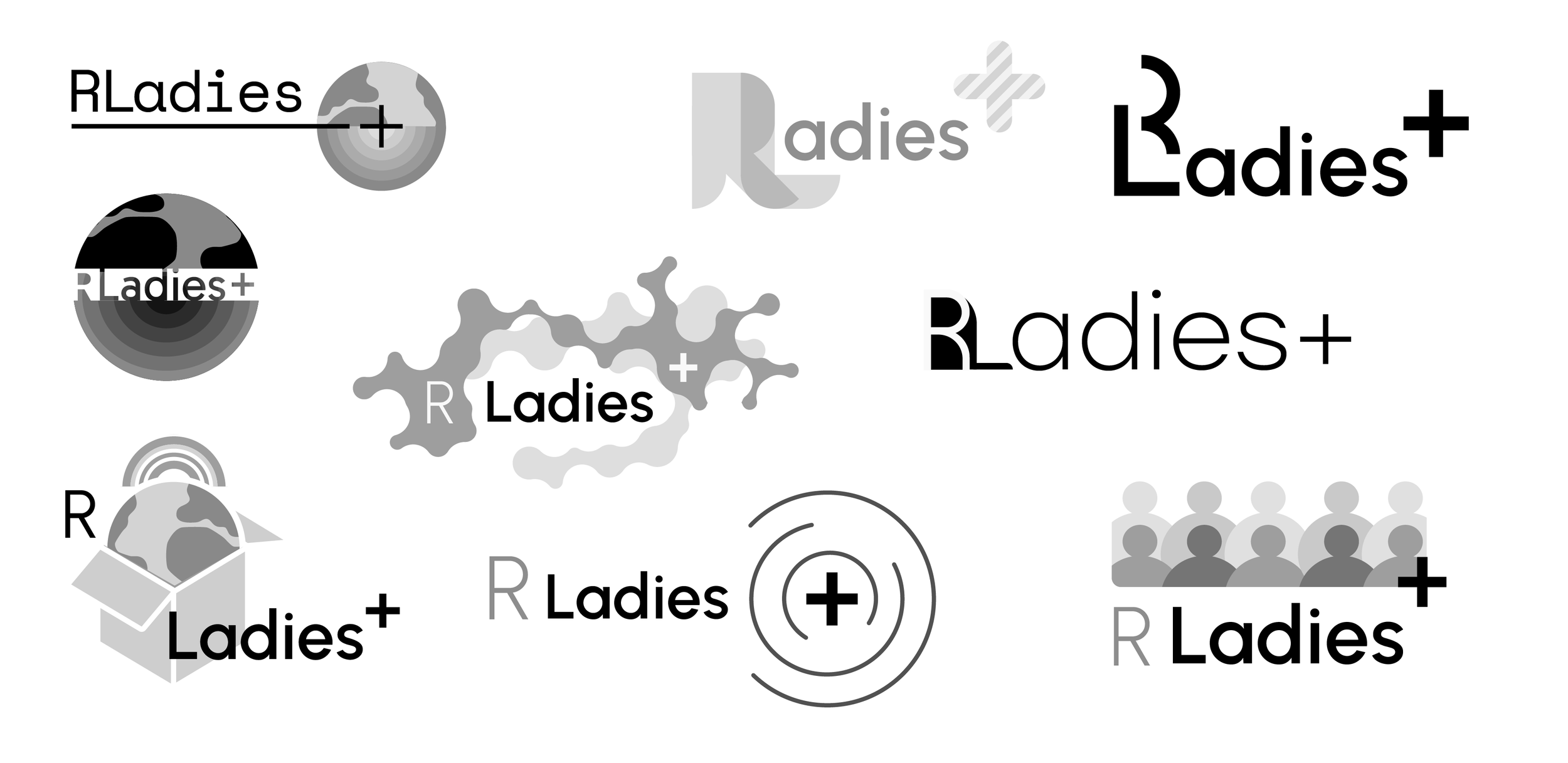 The drafting stage for the new logo. Everything is in greyscale. There are a range of examples including icons for the globe, people and 'plus' symbol.