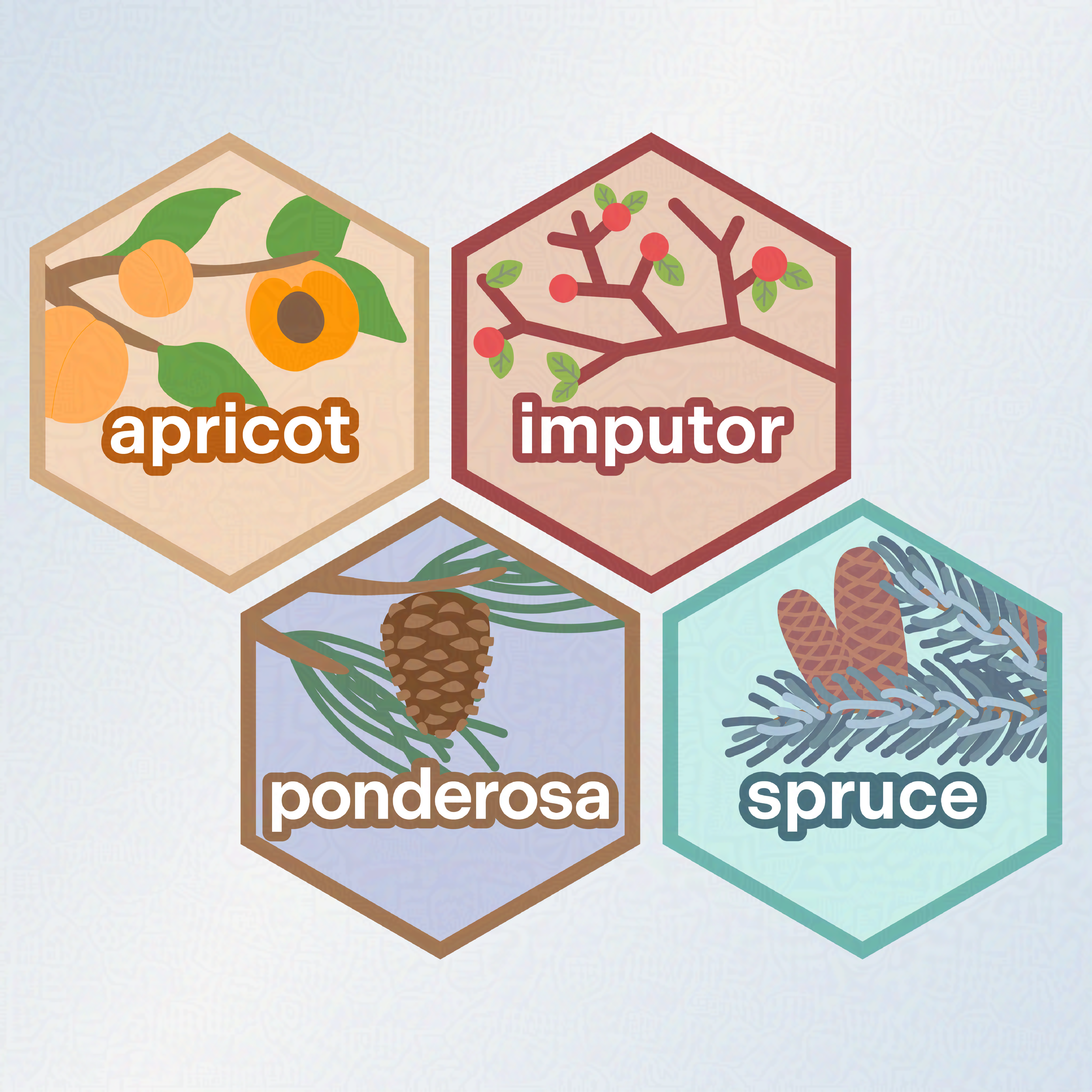 Hexagonal logos for 4 R packages: apricot, impostor, ponderosa, and spruce packages. Each hexagon shows a simple illustration of the plant.