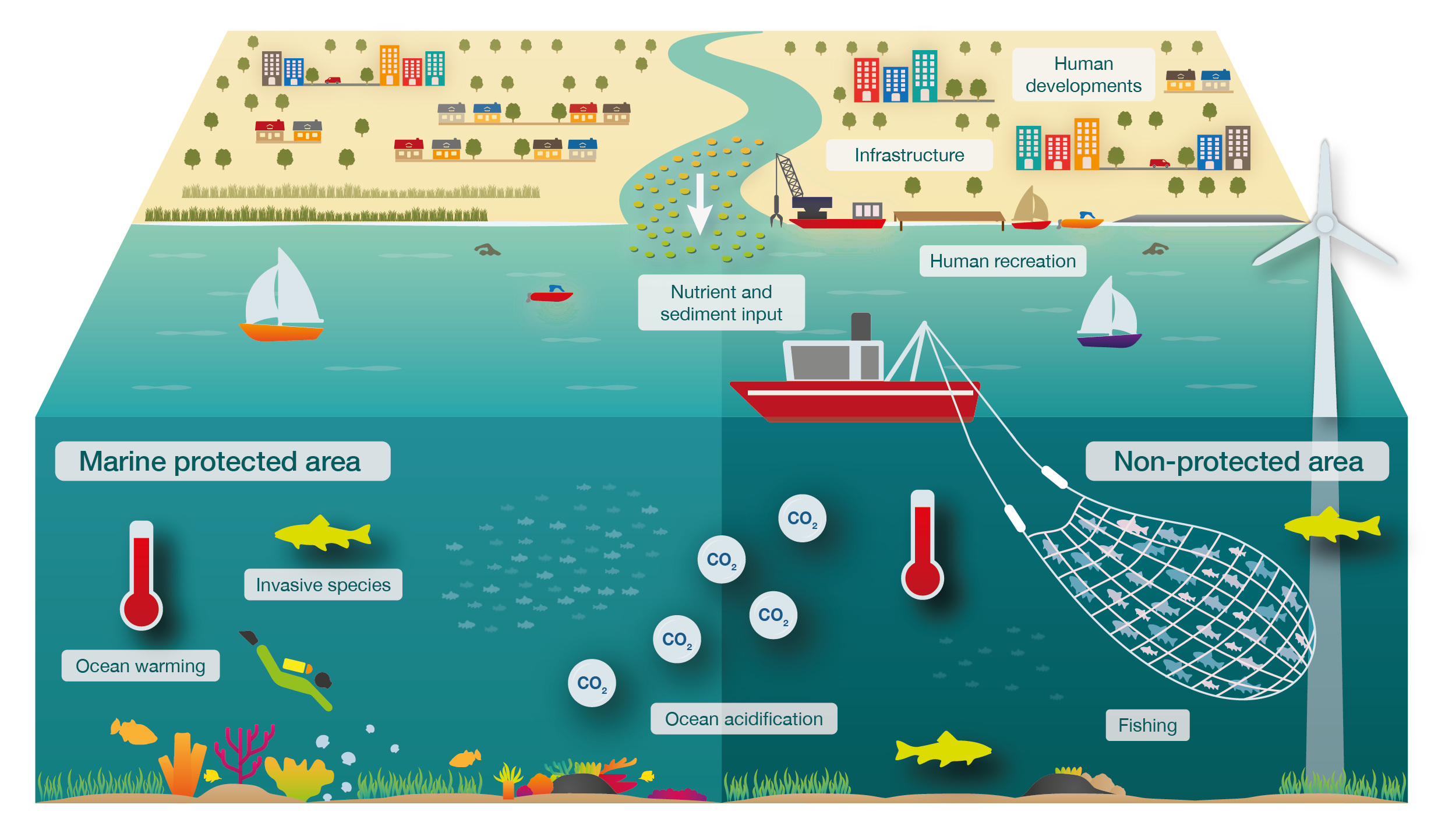 Figure from Hoppit et al., 2022. It shows a diagram of a Marine Protected Area (MPA) and select stressors it faces.