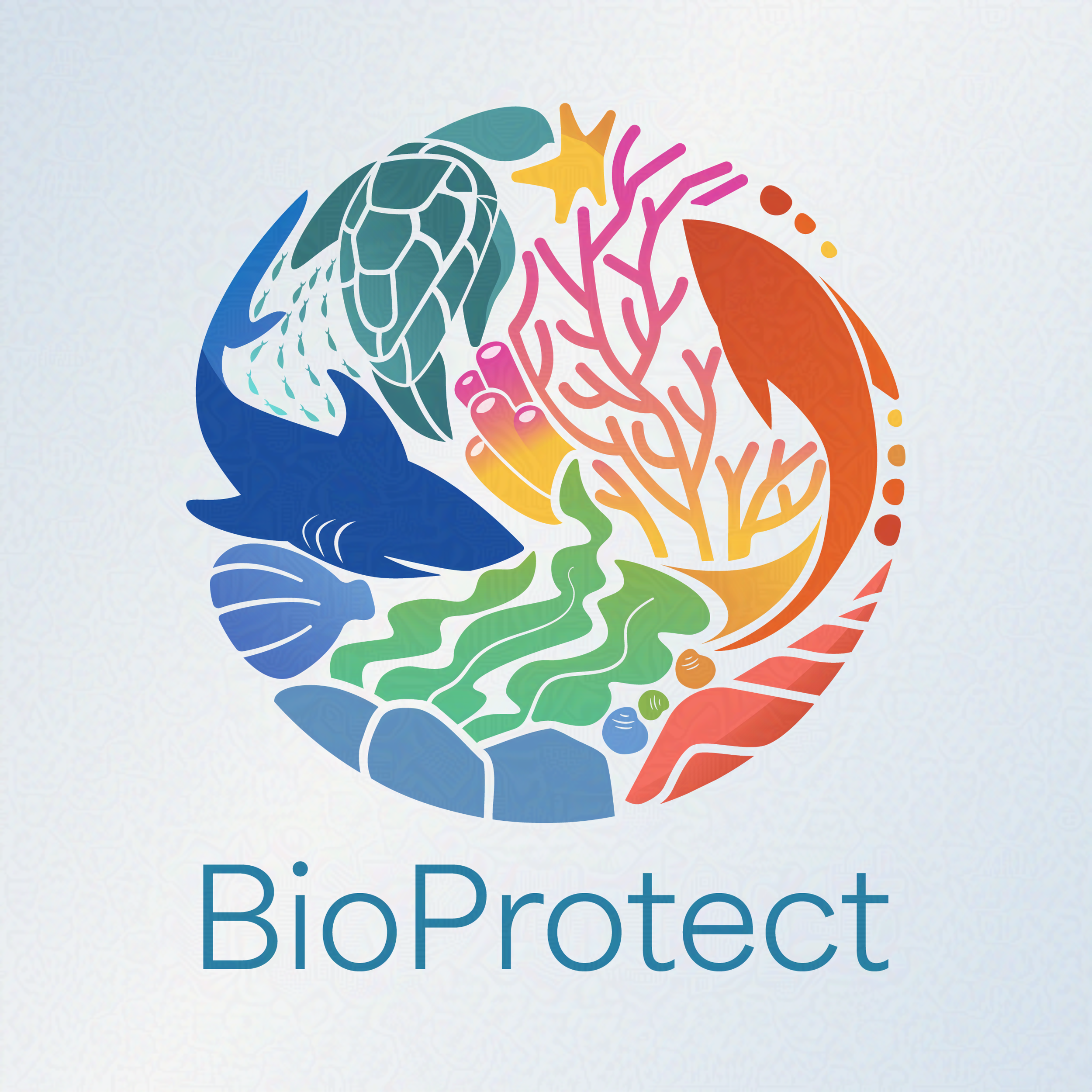 Bioprotect logo. A circle contains a brightly coloured array of fish and sea creatures all folded together to fill the space.